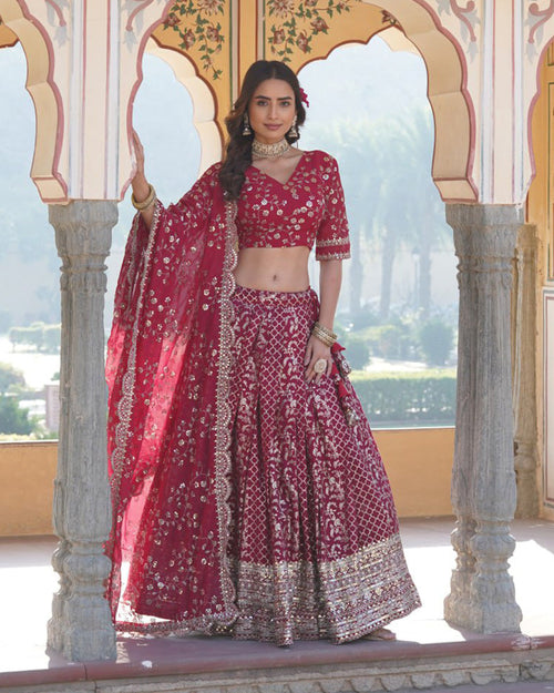 Design Rani Pink Color Sequence Embroidered Jacquard Lehenga Choli