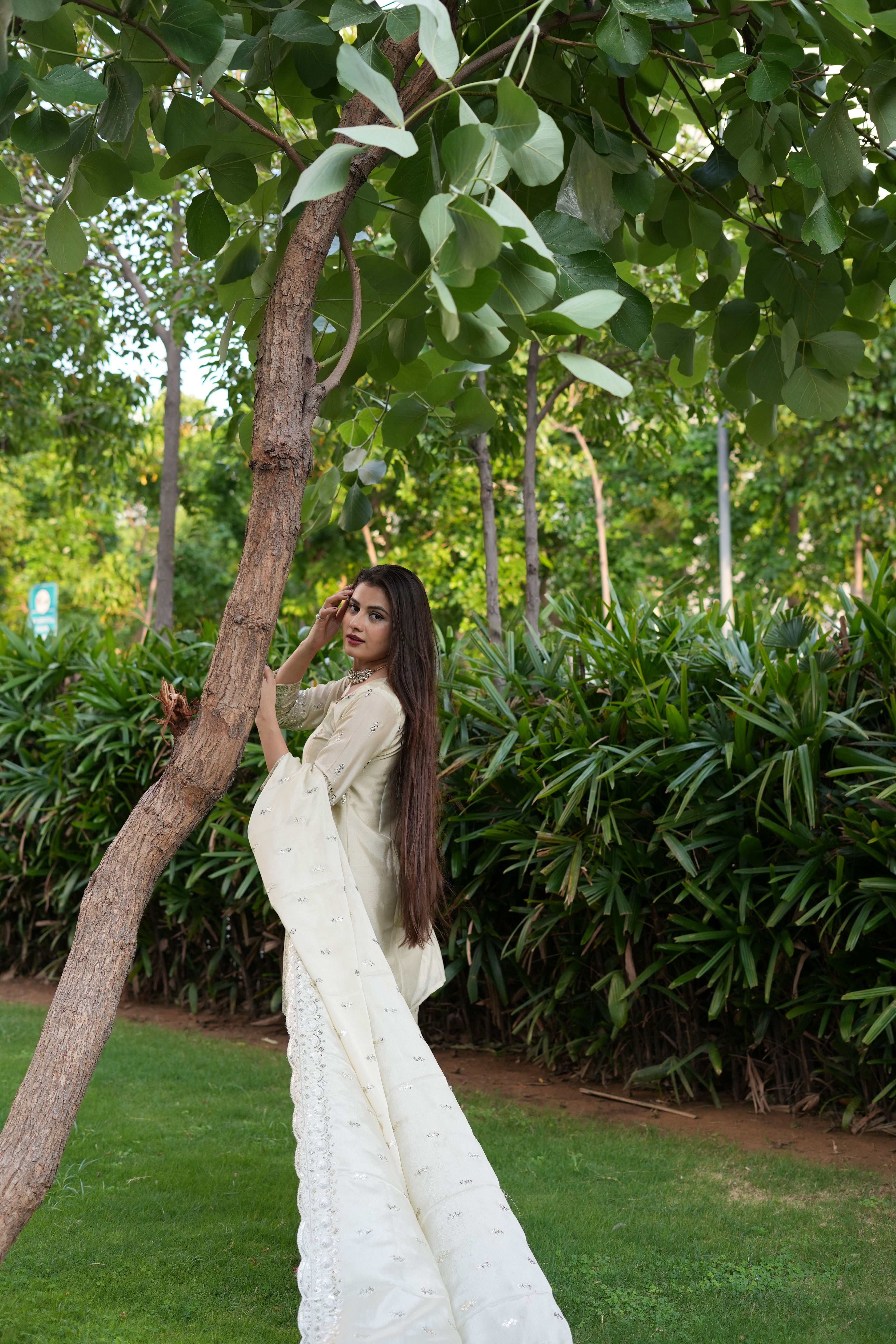 Diksha Pawar Beautiful Cream Colour Embroidery Sequence Work Sharara Suit