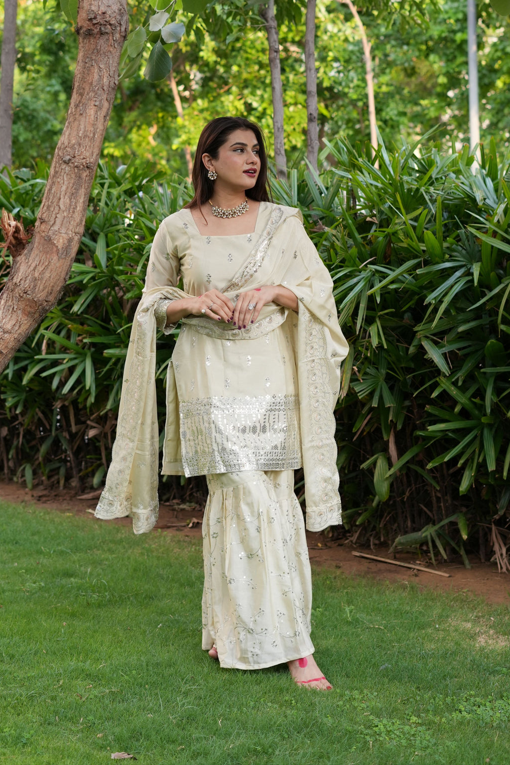 Diksha Pawar Beautiful Cream Colour Embroidery Sequence Work Sharara Suit