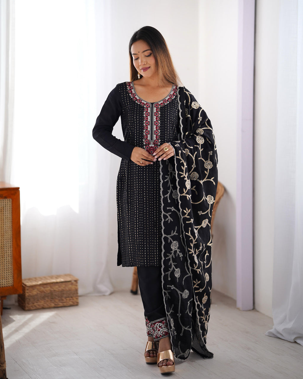 Black Color Chinon Silk Three Piece Kurti Suit