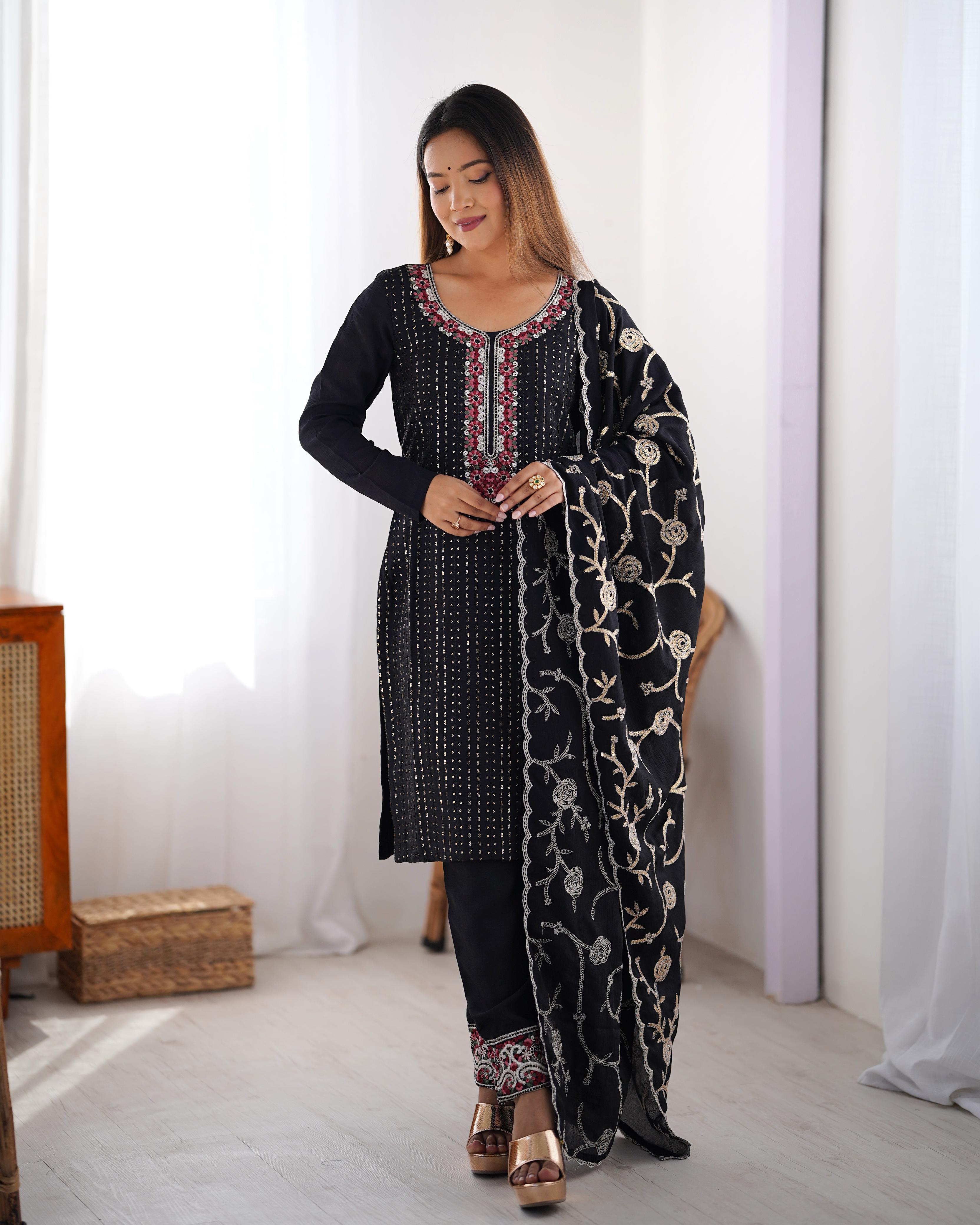 Black Color Chinon Silk Three Piece Kurti Suit