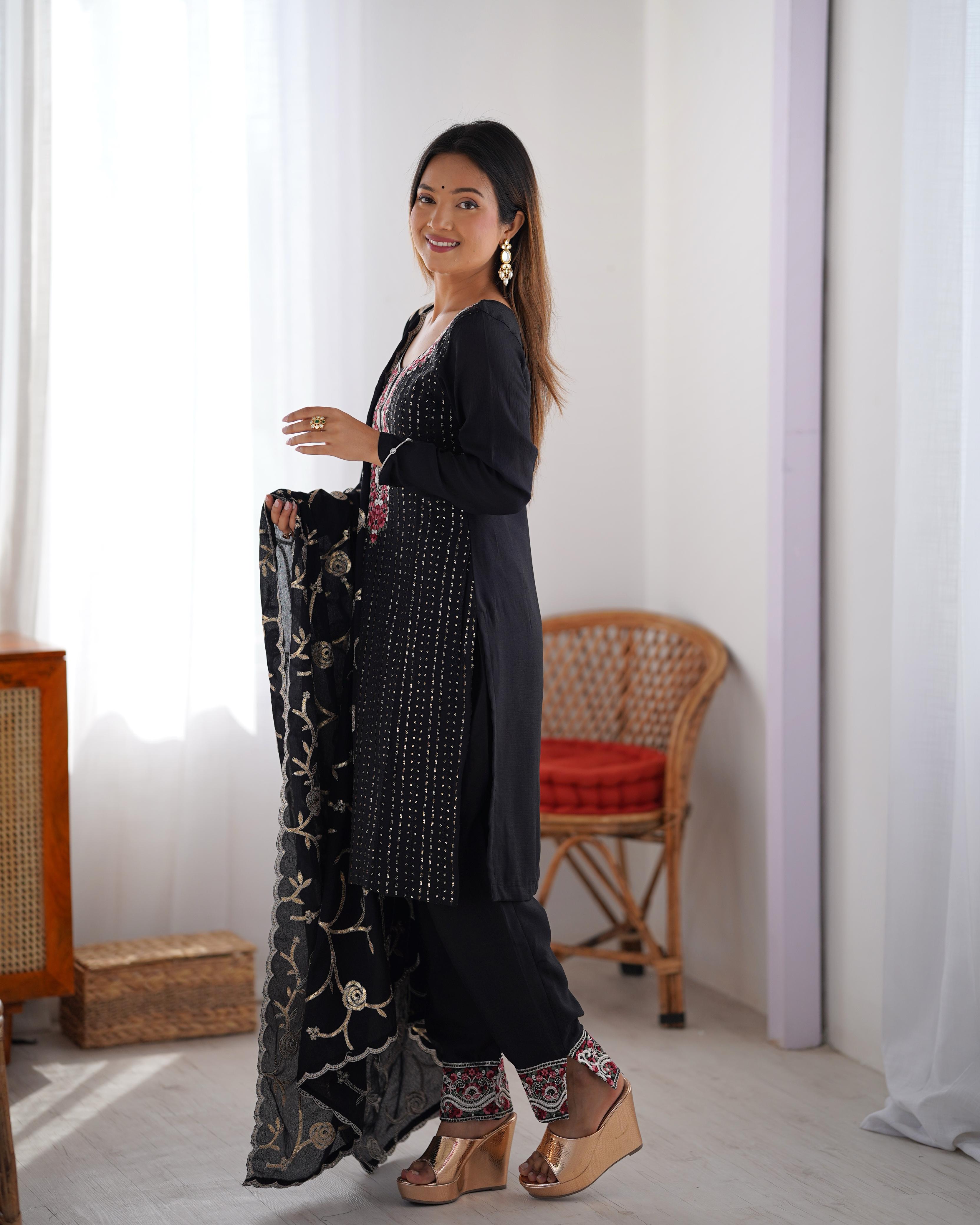 Black Color Chinon Silk Three Piece Kurti Suit
