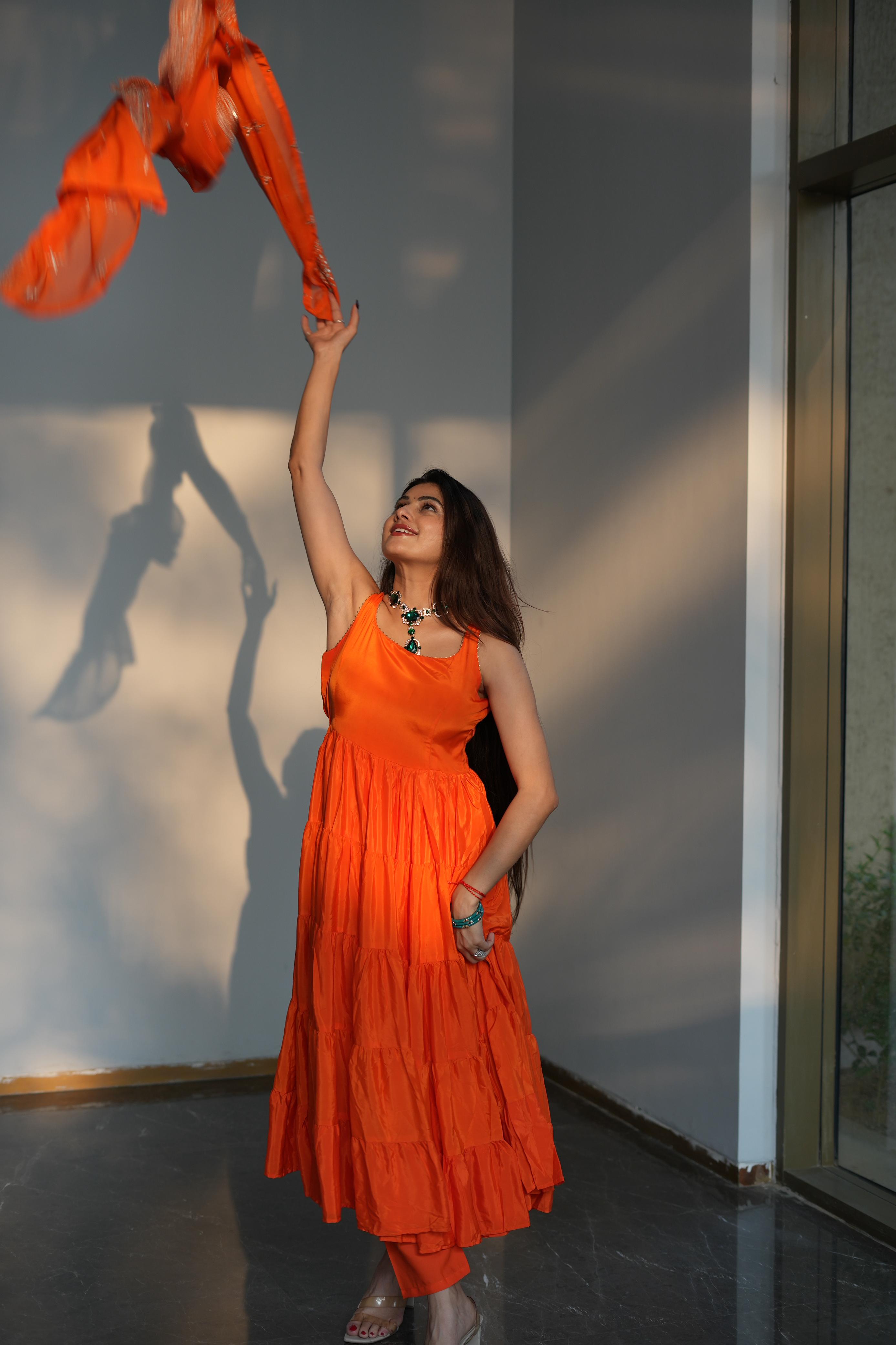 Diksha Pawar Orange Color Ruffle Flair Anarkali Gown