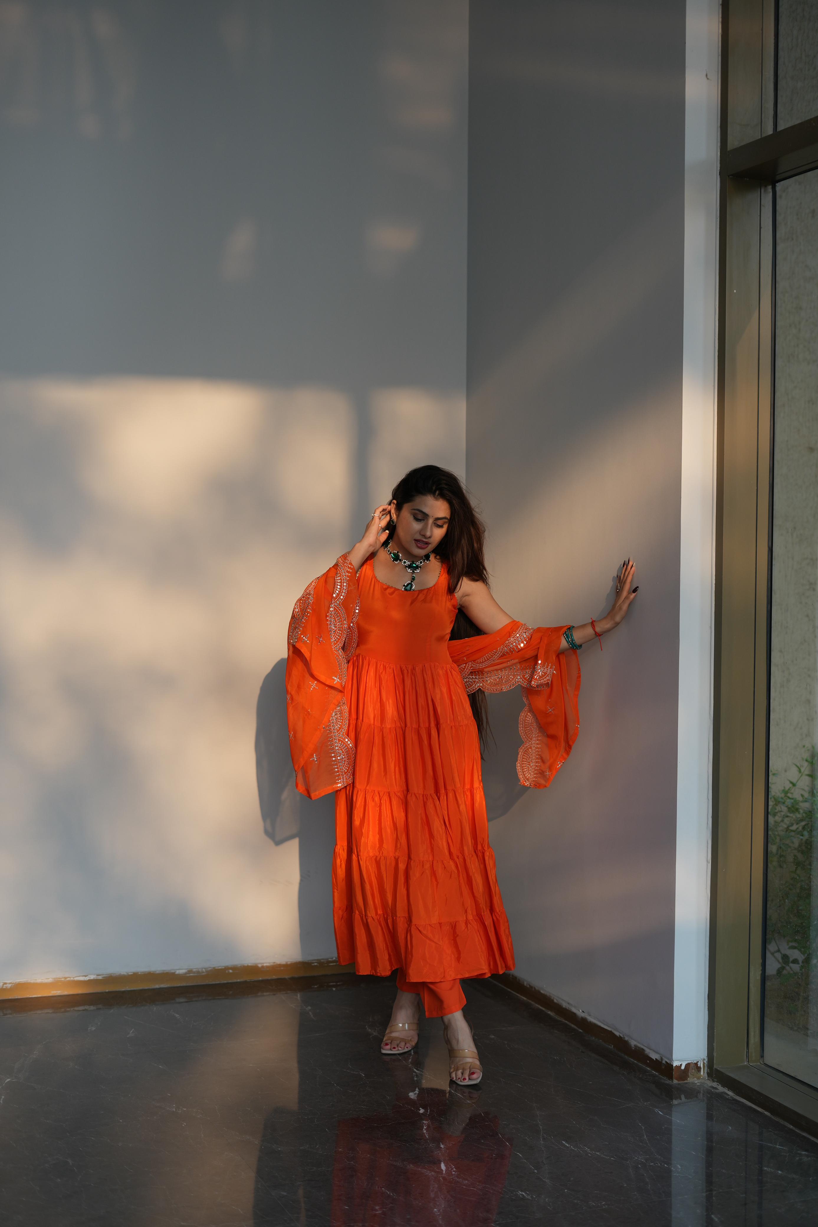Diksha Pawar Orange Color Ruffle Flair Anarkali Gown