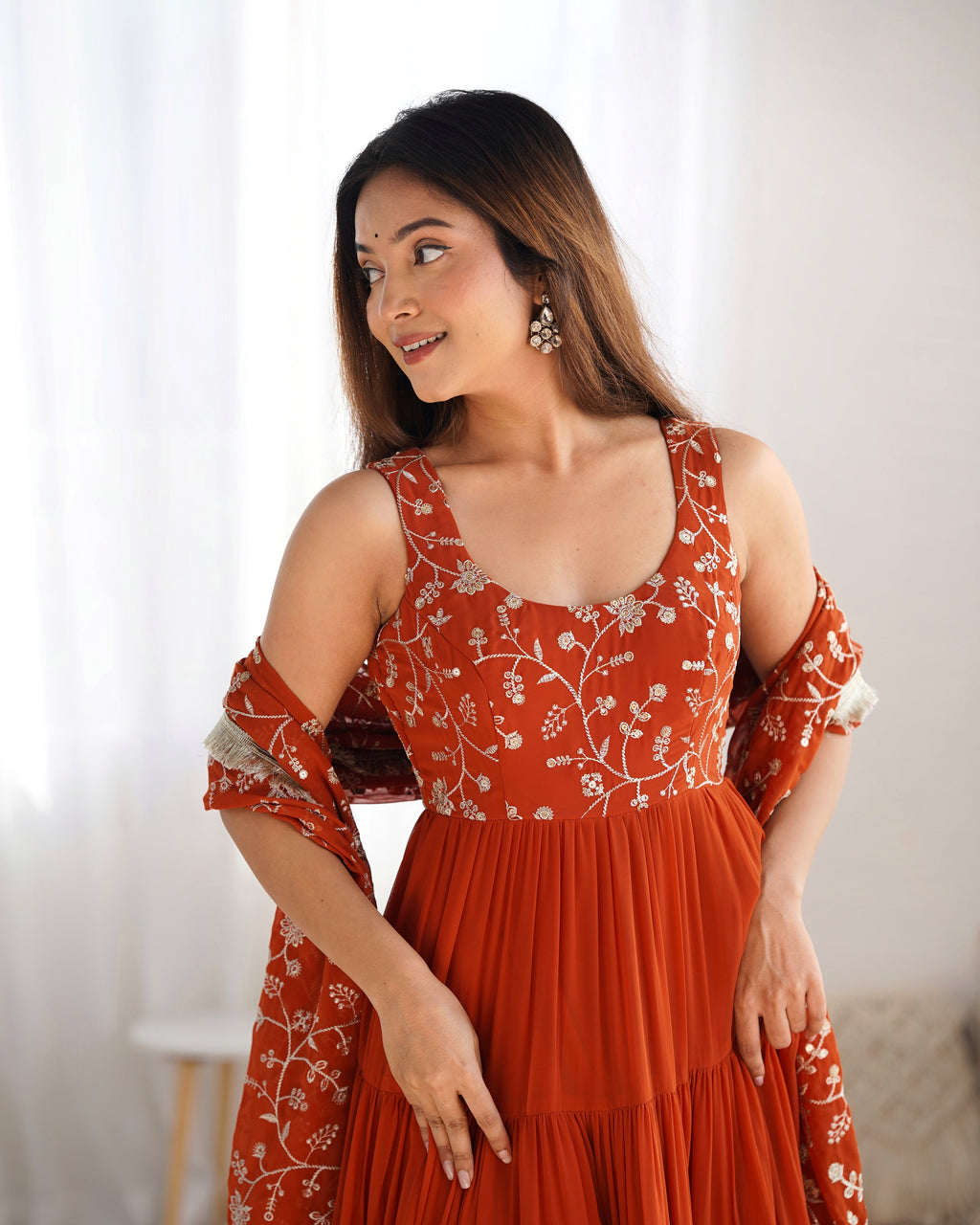 Orange Color Georgette Five Layer Ruffle Style Anarkali Suit