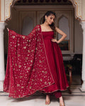 Maroon Heavy Faux Georgette Anarkali Gown With Embroidery Sequence Work Dupatta