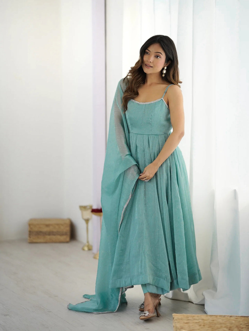 Sky Blue Color Crunchy Silk Three Piece Anarkali Suit