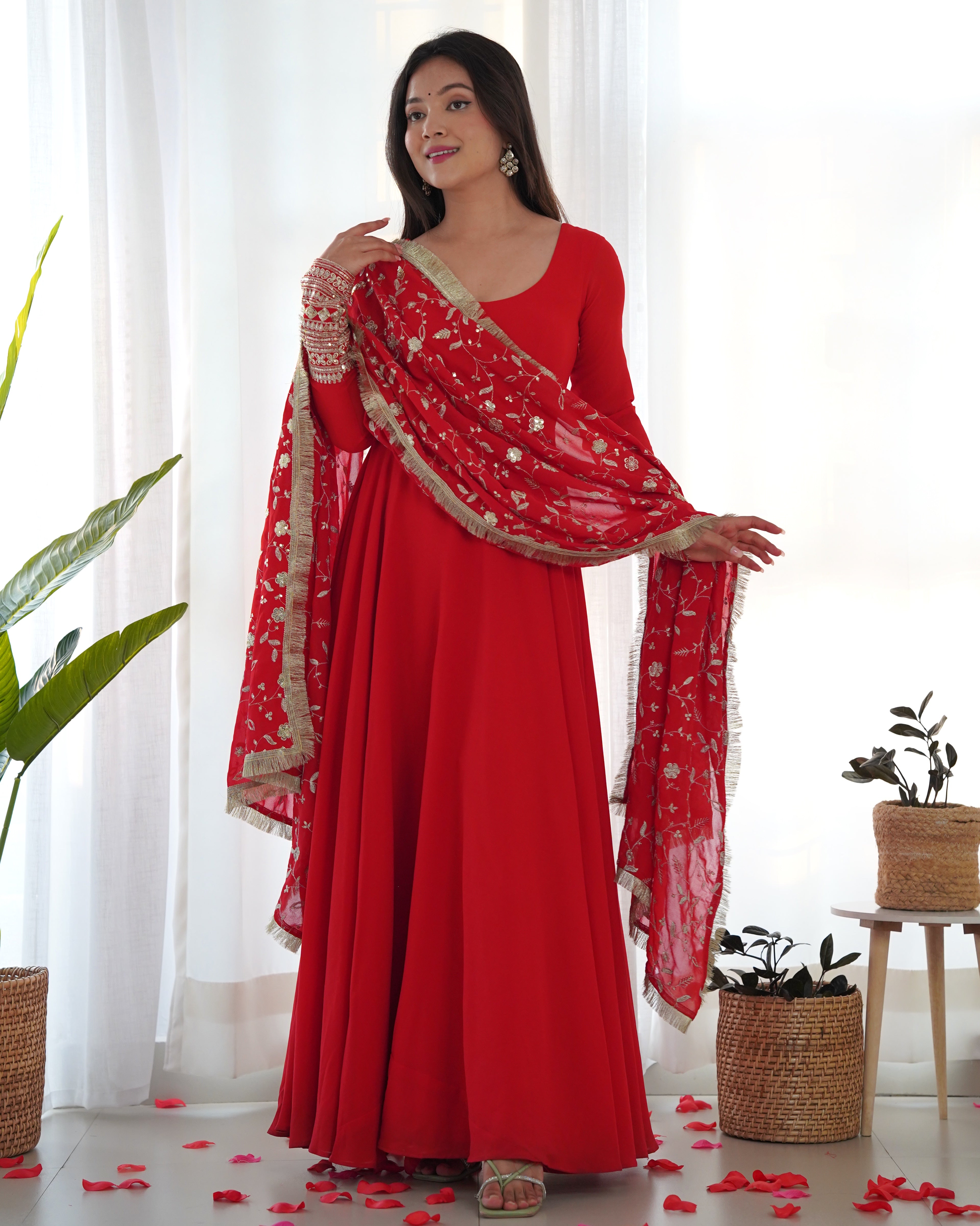 Beautiful Red Color Georgette Gown With Embroidery Sequence