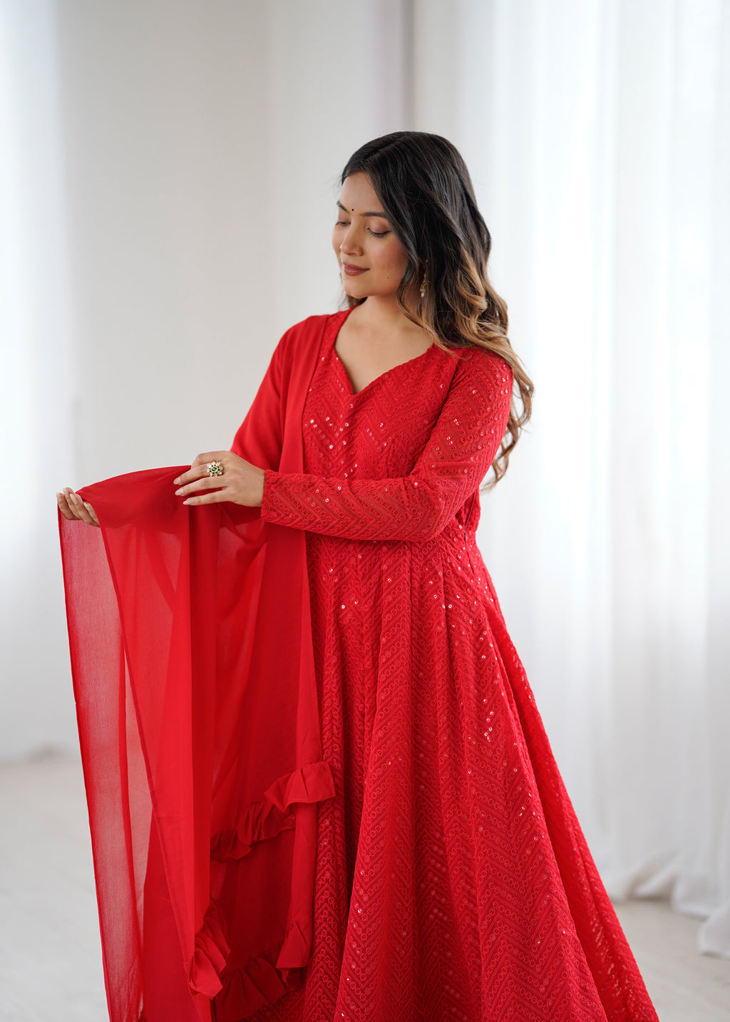 Red Color Georgette Lucknowi Three Piece Anarkali Suit (Copy)