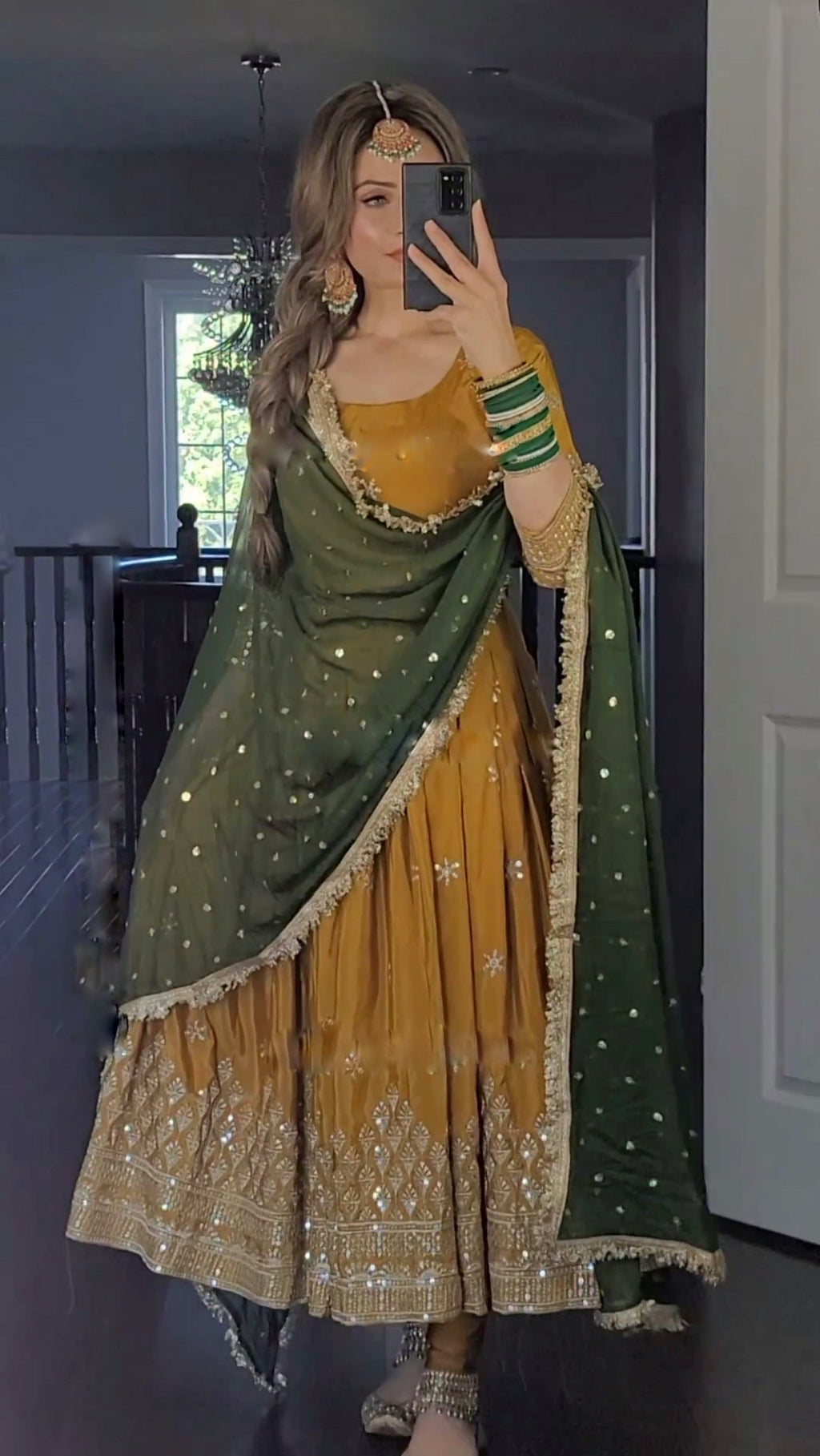 Mustered Color Anarkali Gown With Green Dupatta