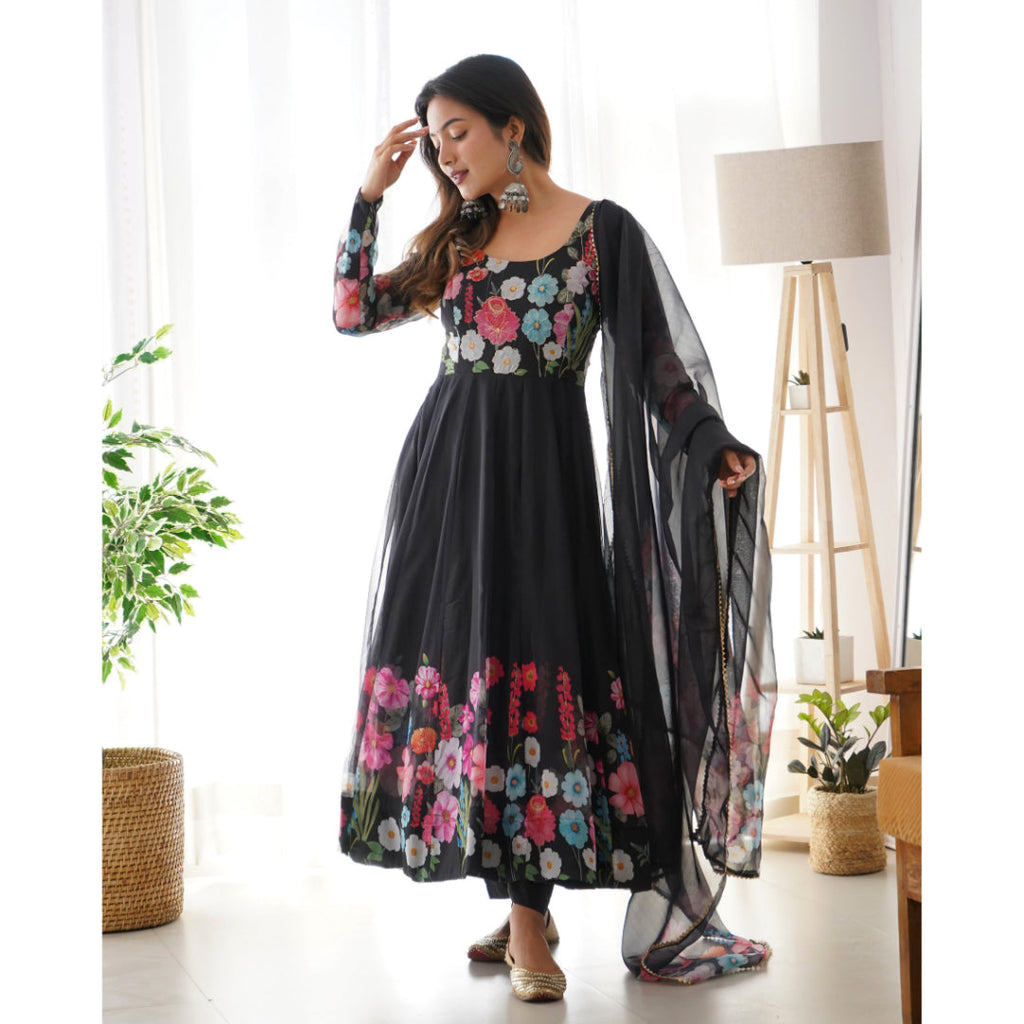Black Color Pure Soft Organja Silk Fabric Fully Flair Kali Pattern And Canvas Patta With Dupatta Set Pent Ready To Wear