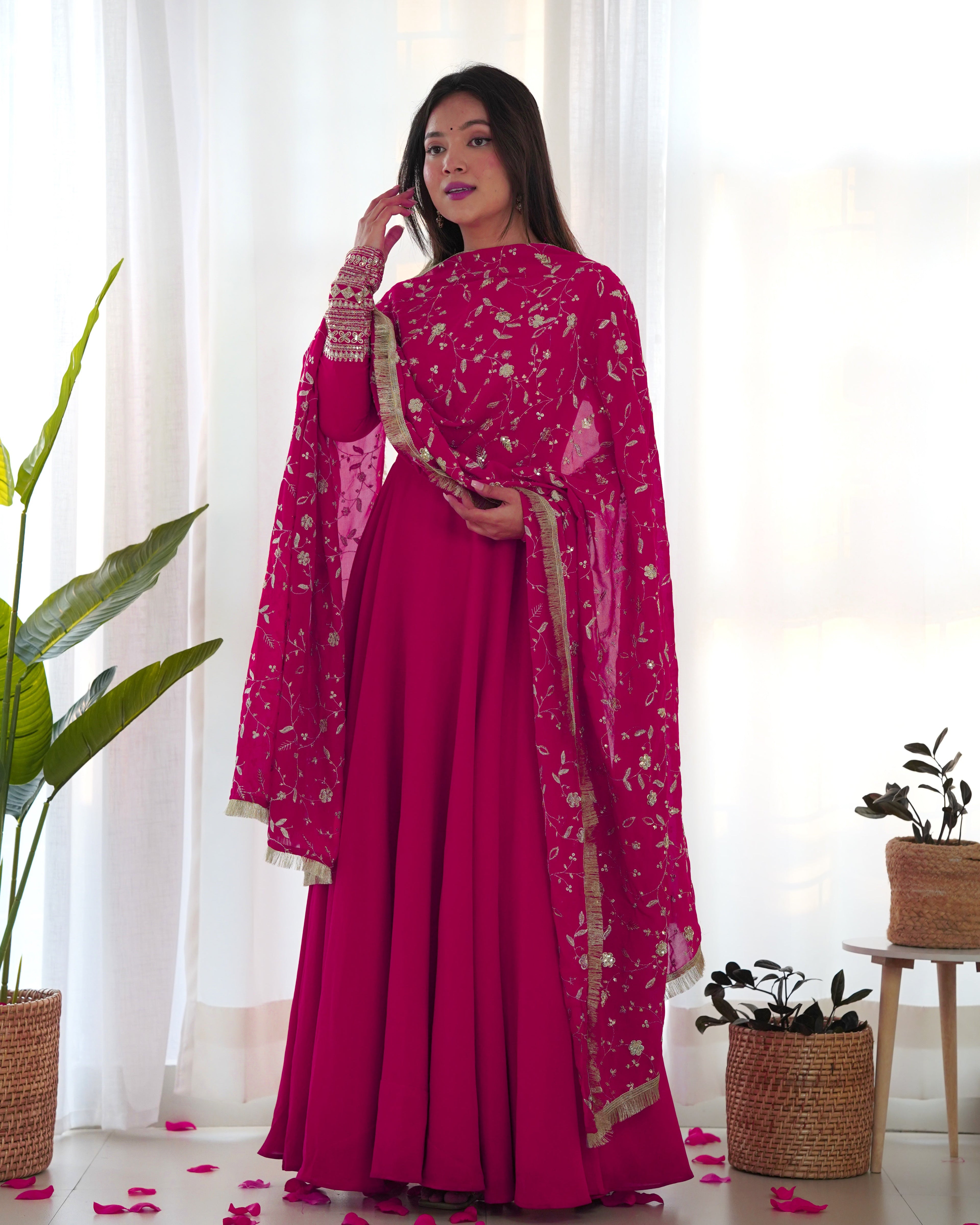 Attractive Pink Anarkali Suit Set With Heavy Dupatta