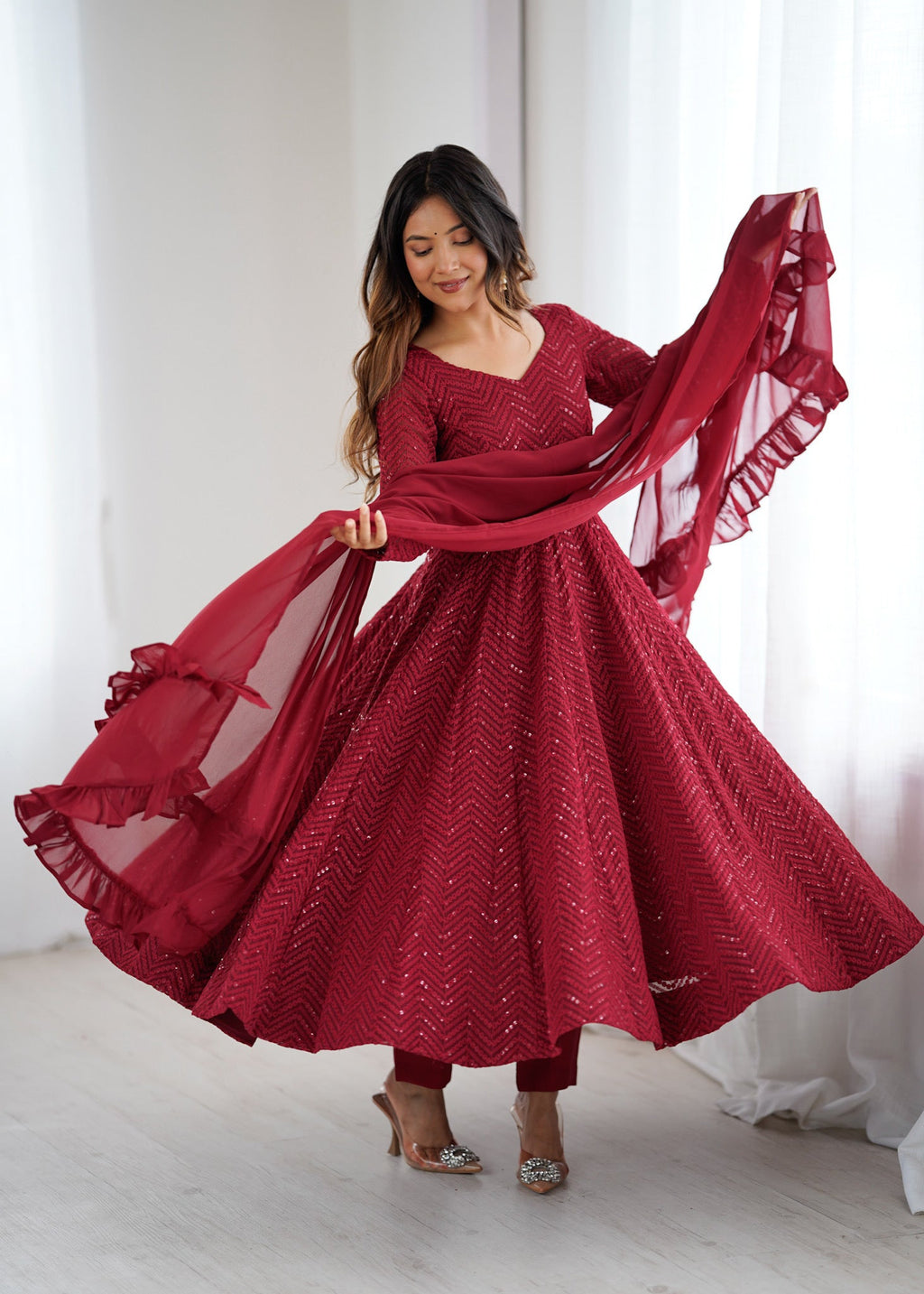 Maroon Color Georgette Lucknowi Three Piece Anarkali Suit