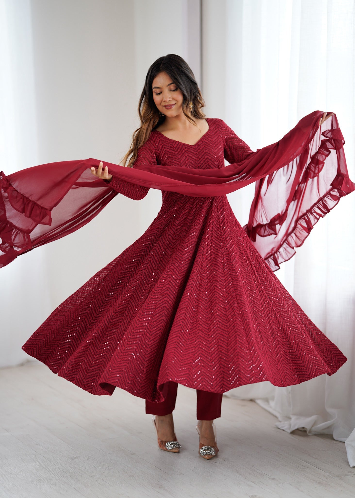 Maroon Color Georgette Lucknowi Three Piece Anarkali Suit