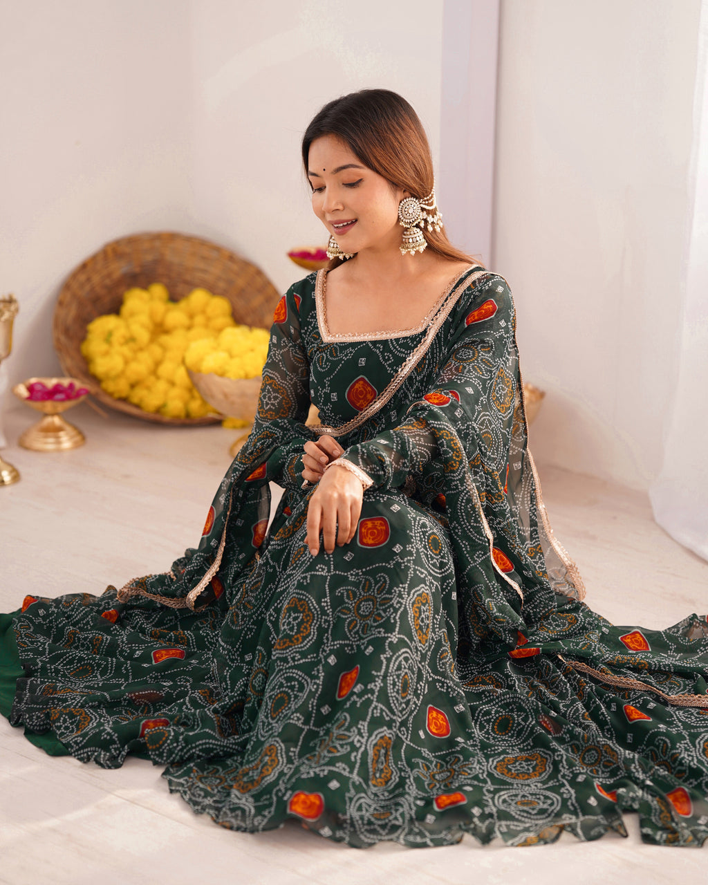 Green Color Bandhej Print Soft Chiffon Anarkali Gown
