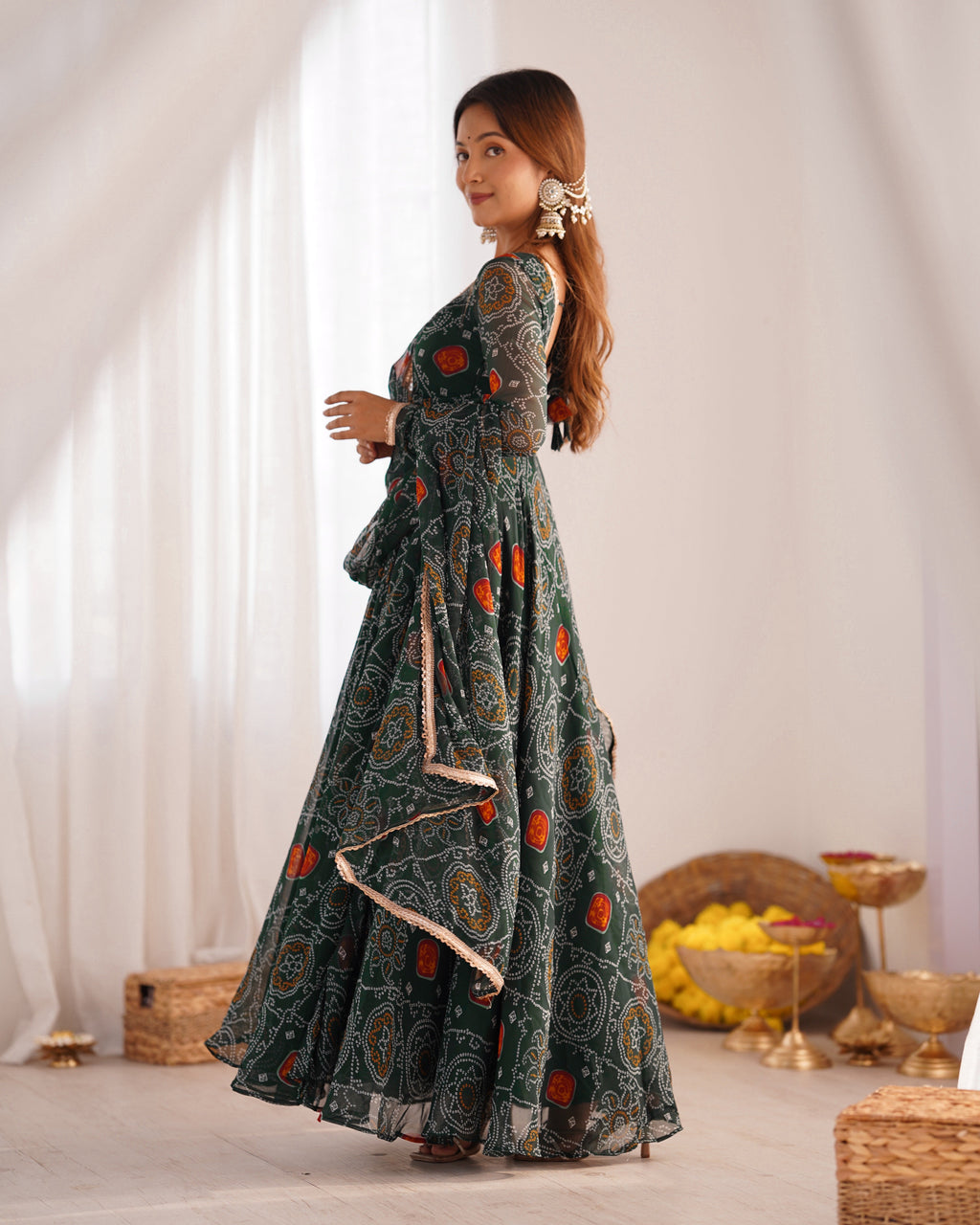 Green Color Bandhej Print Soft Chiffon Anarkali Gown