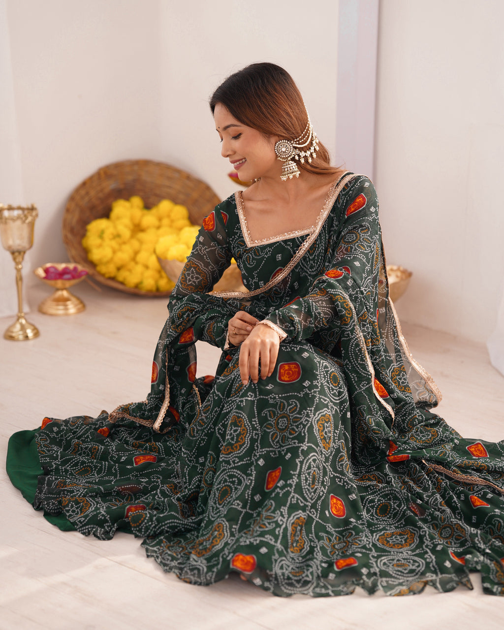 Green Color Bandhej Print Soft Chiffon Anarkali Gown