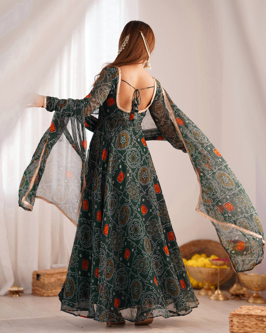 Green Color Bandhej Print Soft Chiffon Anarkali Gown