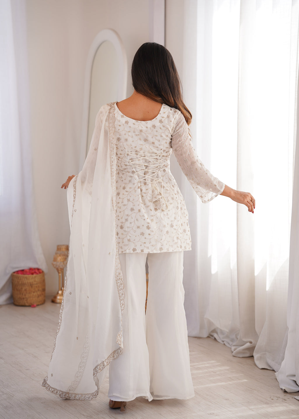 Off-White Color Crunchy Silk Embroidered Plazzo Suit