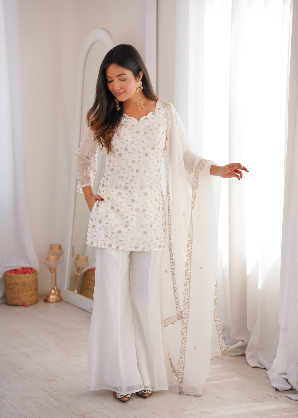 Off-White Color Crunchy Silk Embroidered Plazzo Suit