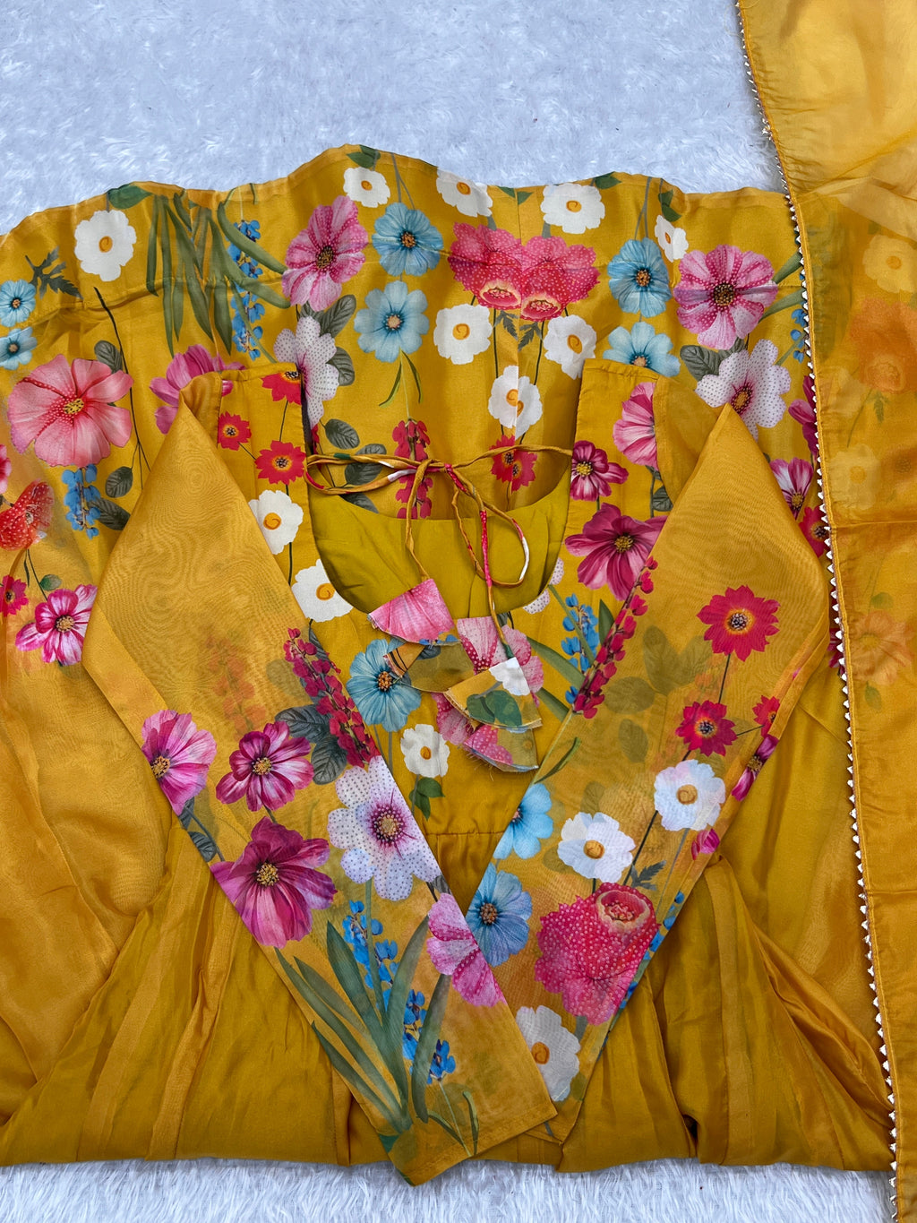 Yellow Color Floral Print Organza Three Piece Anarkali Suit