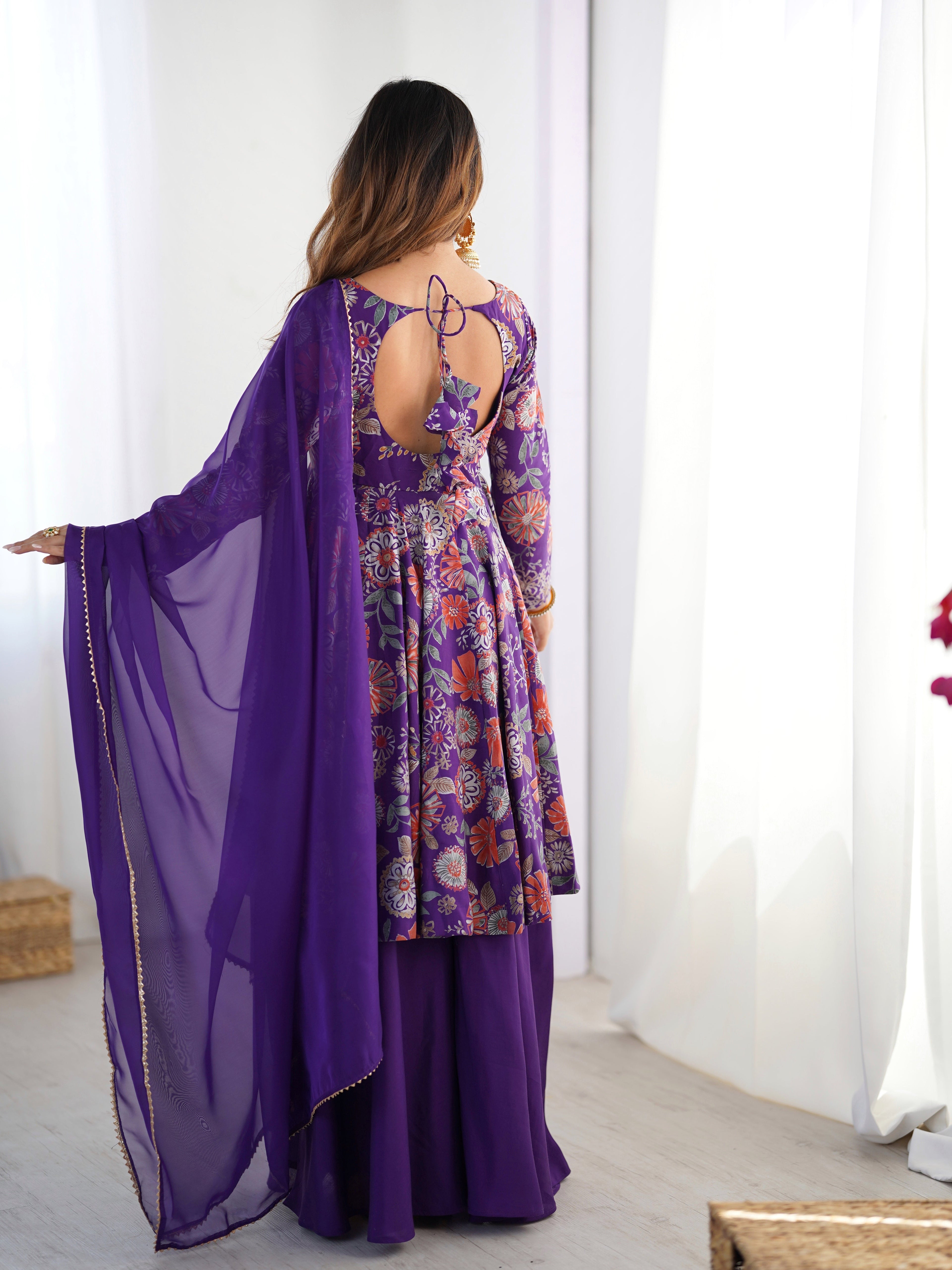Purple Color Roman Silk Discharge Printed Plazzo Suit