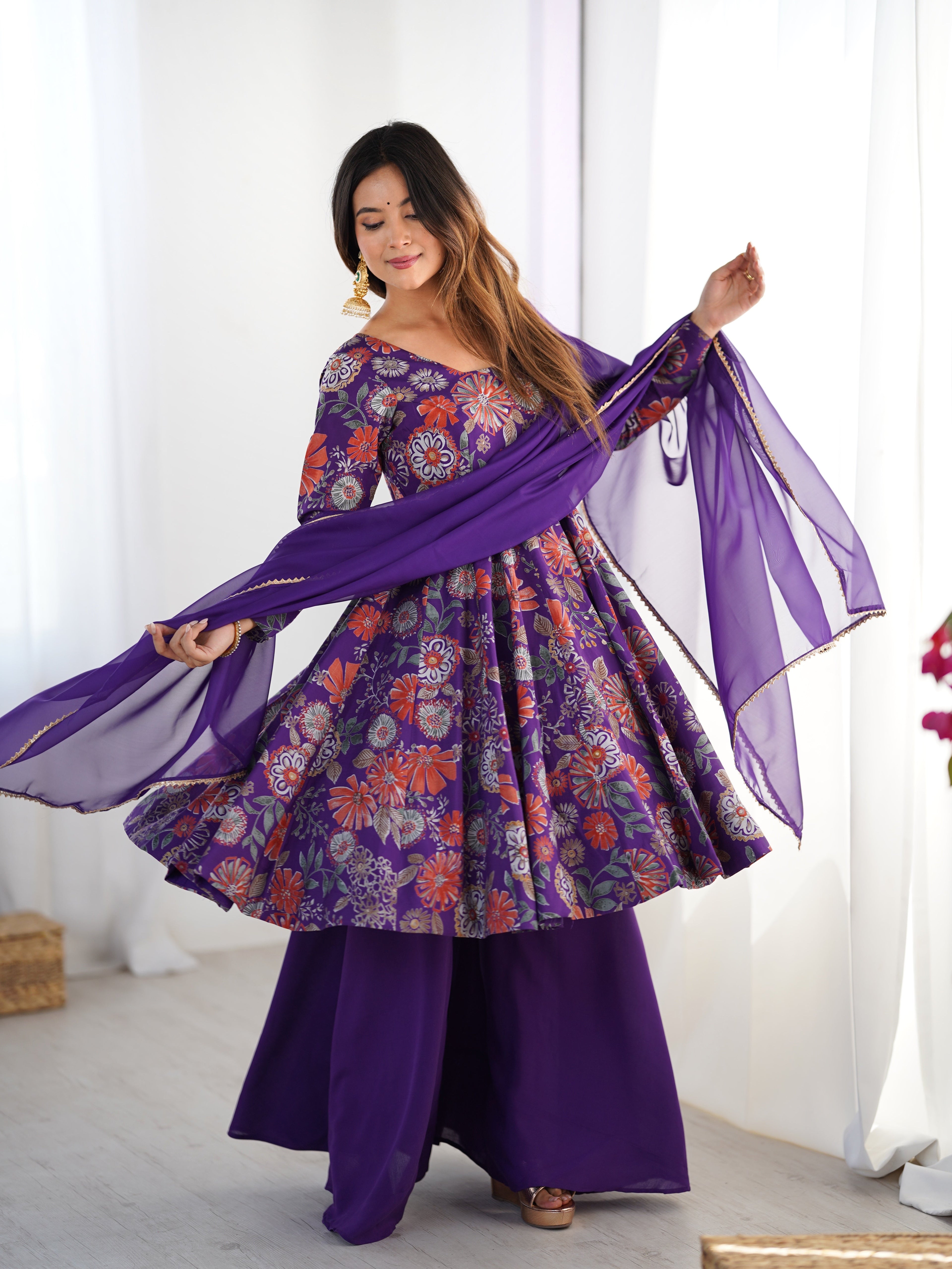 Purple Color Roman Silk Discharge Printed Plazzo Suit