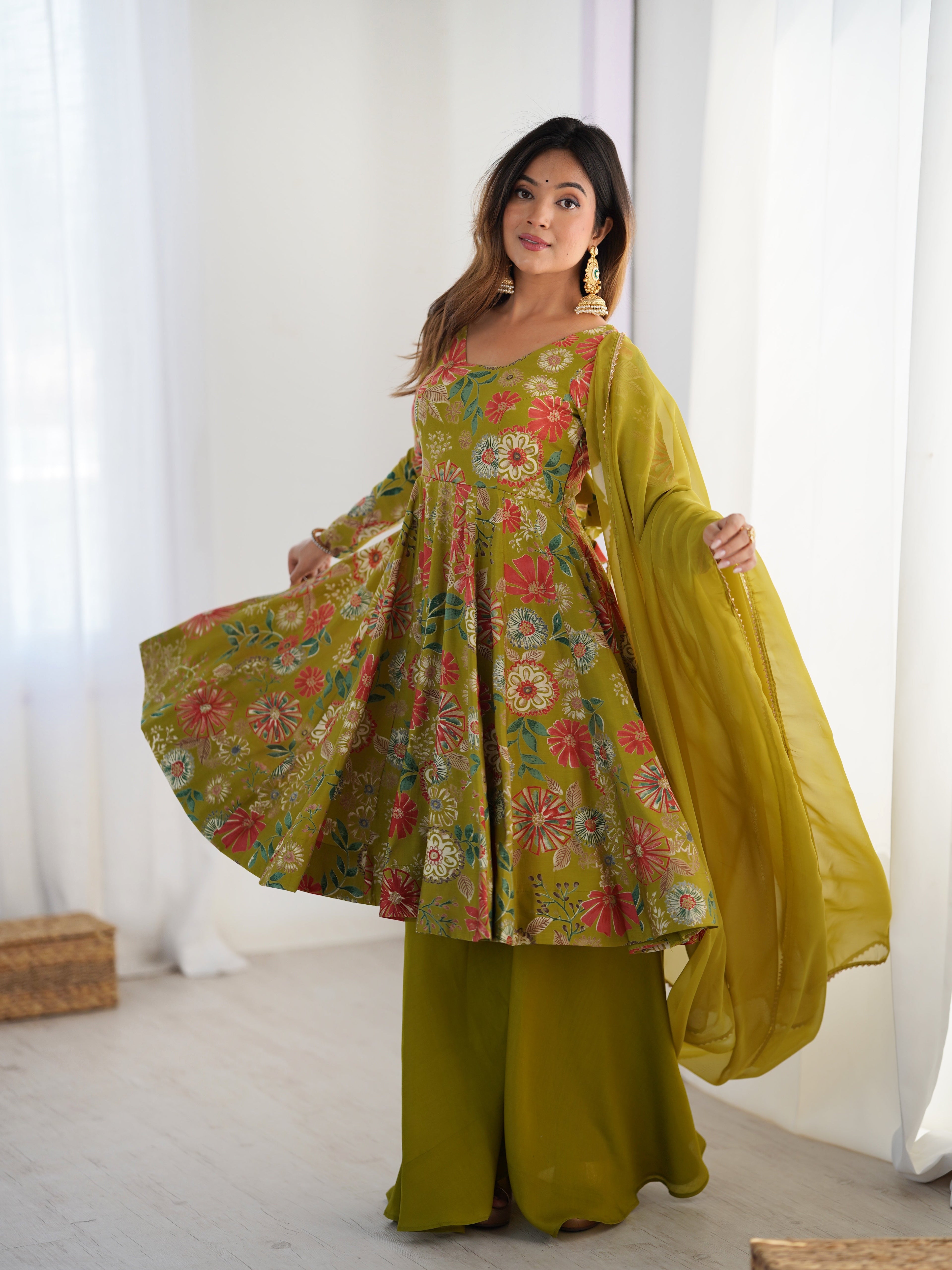 Mehndi Color Roman Silk Discharge Printed Plazzo Suit (Copy)