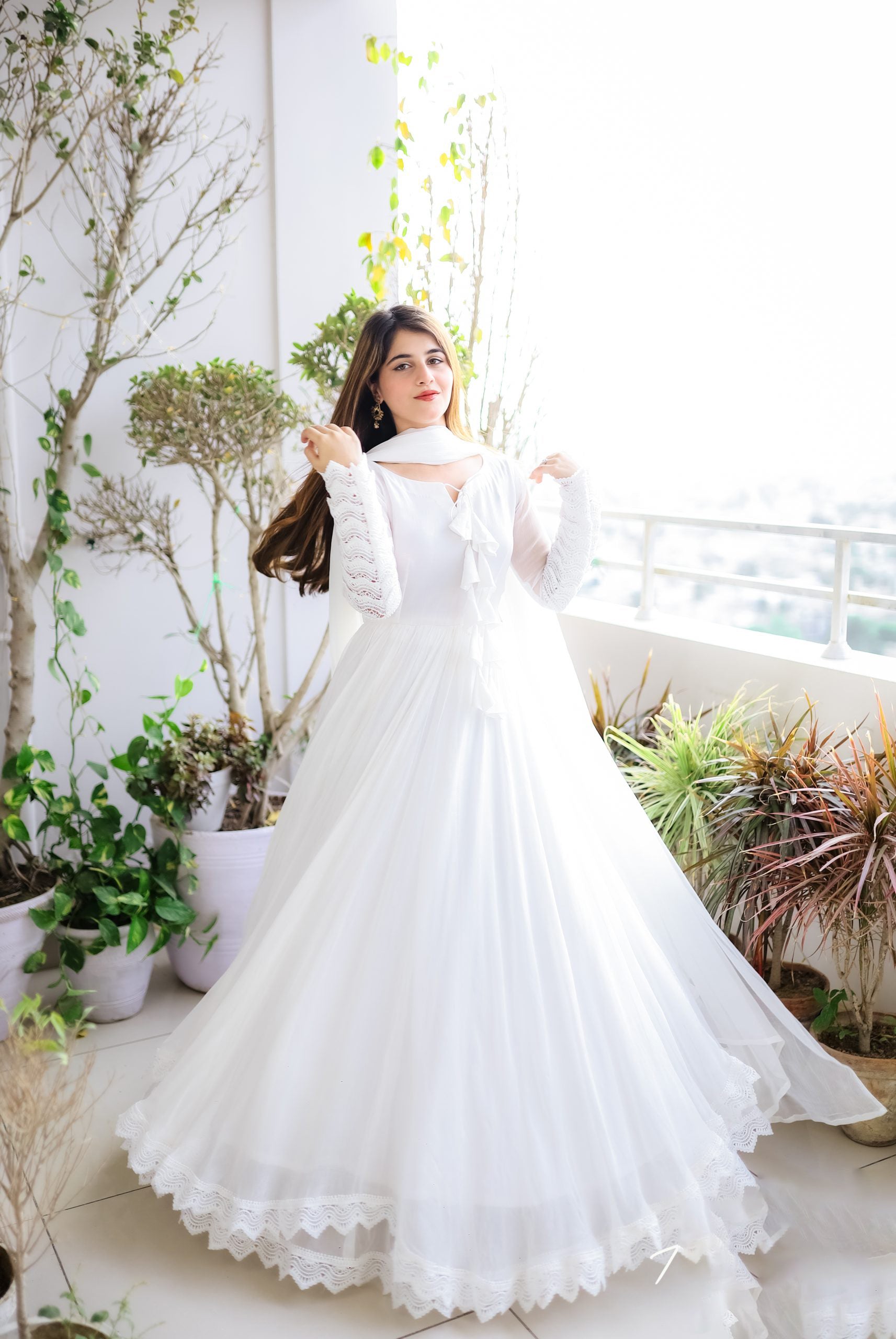 Glorious White Color Lace Work Lovely Long Gown