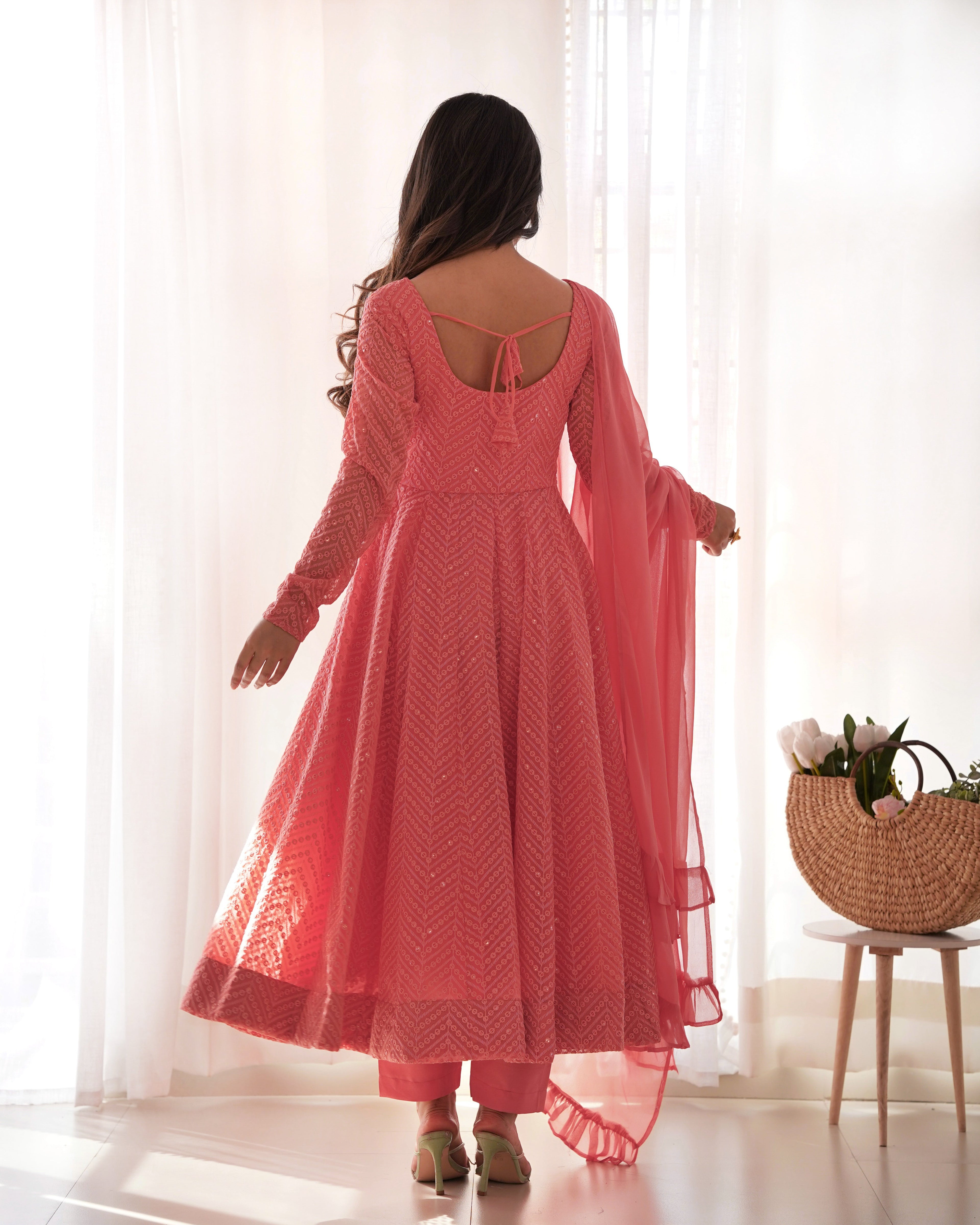 Dark Peach Color Georgette Lucknowi Three Piece Anarkali Suit