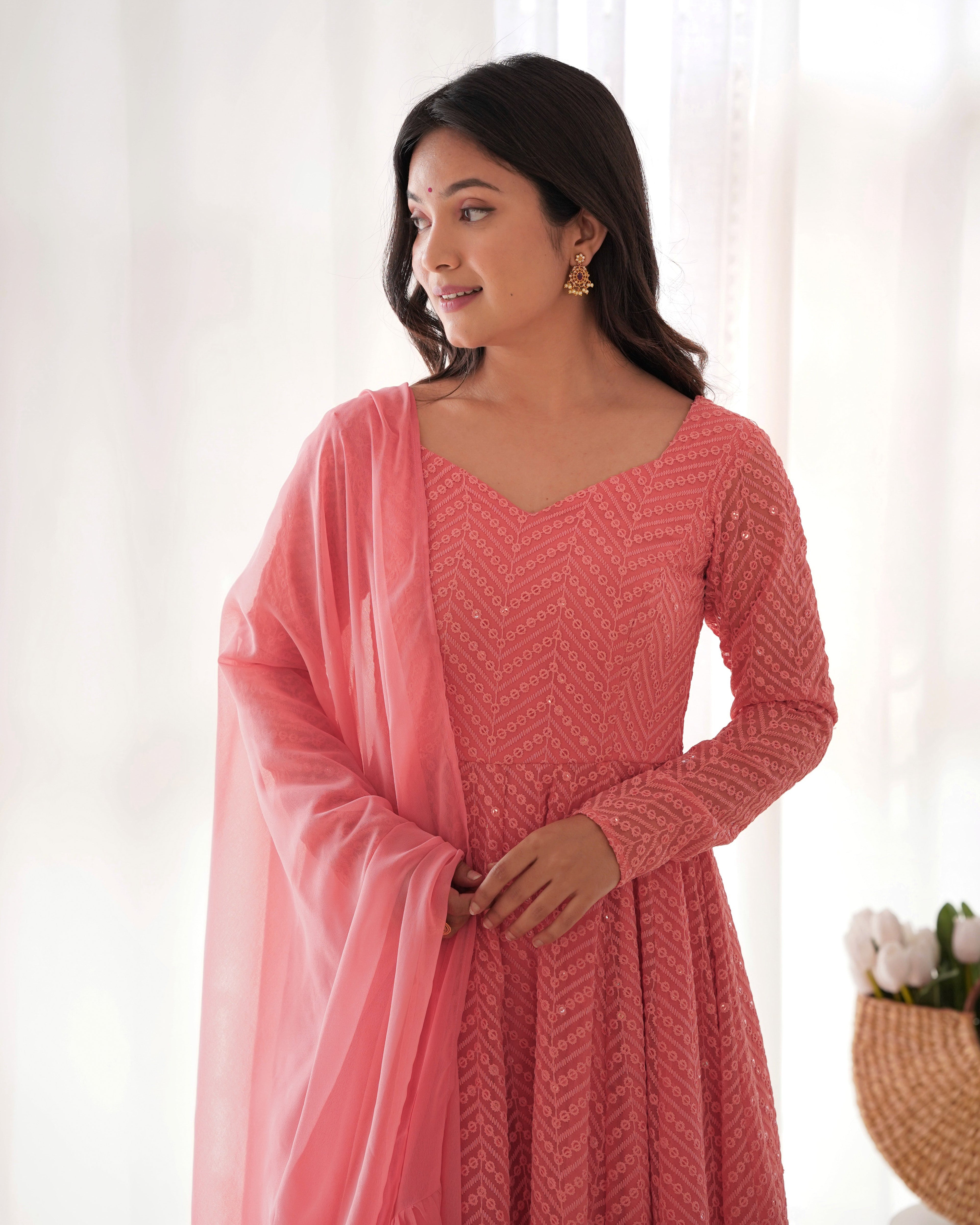 Dark Peach Color Georgette Lucknowi Three Piece Anarkali Suit