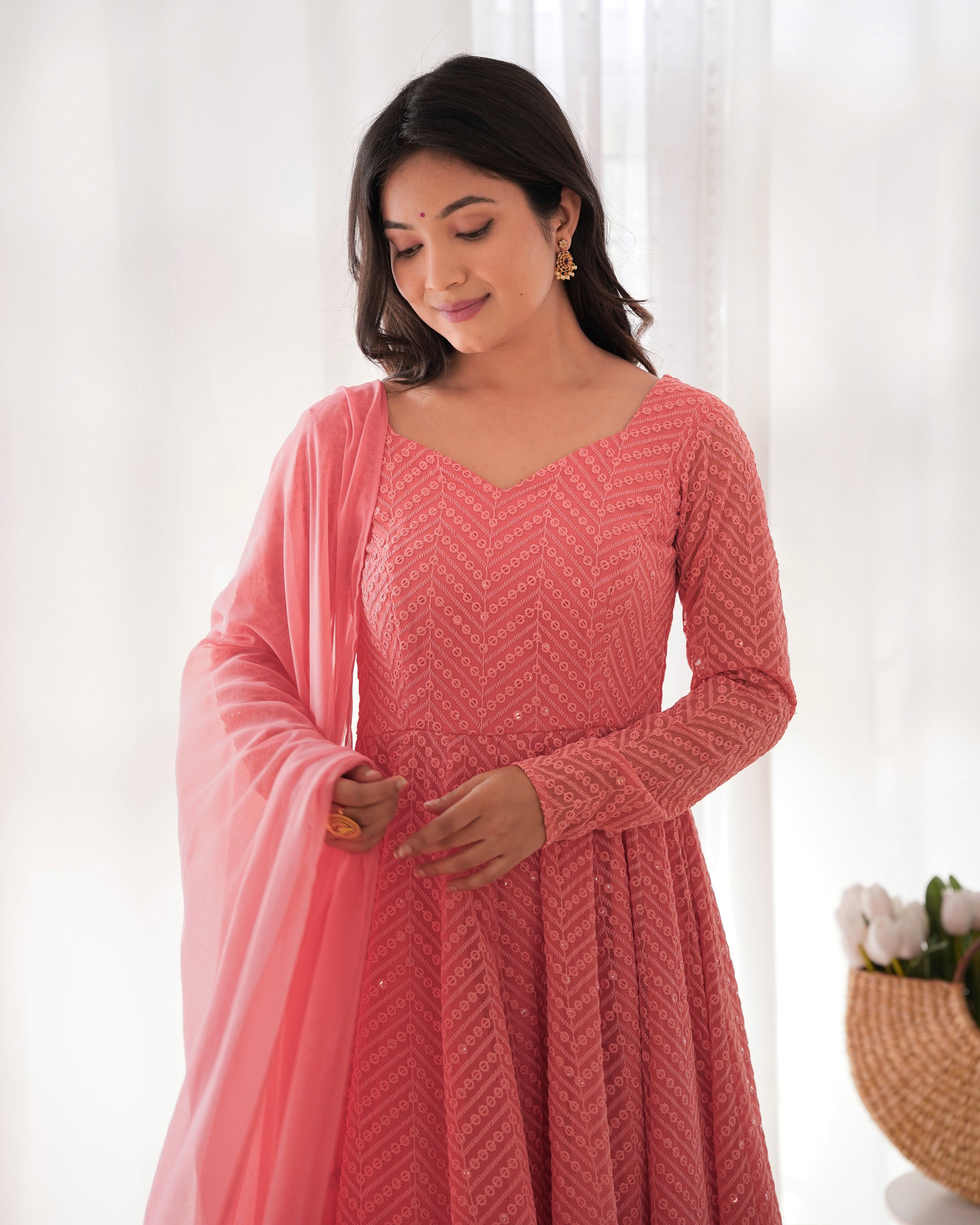 Dark Peach Color Georgette Lucknowi Three Piece Anarkali Suit