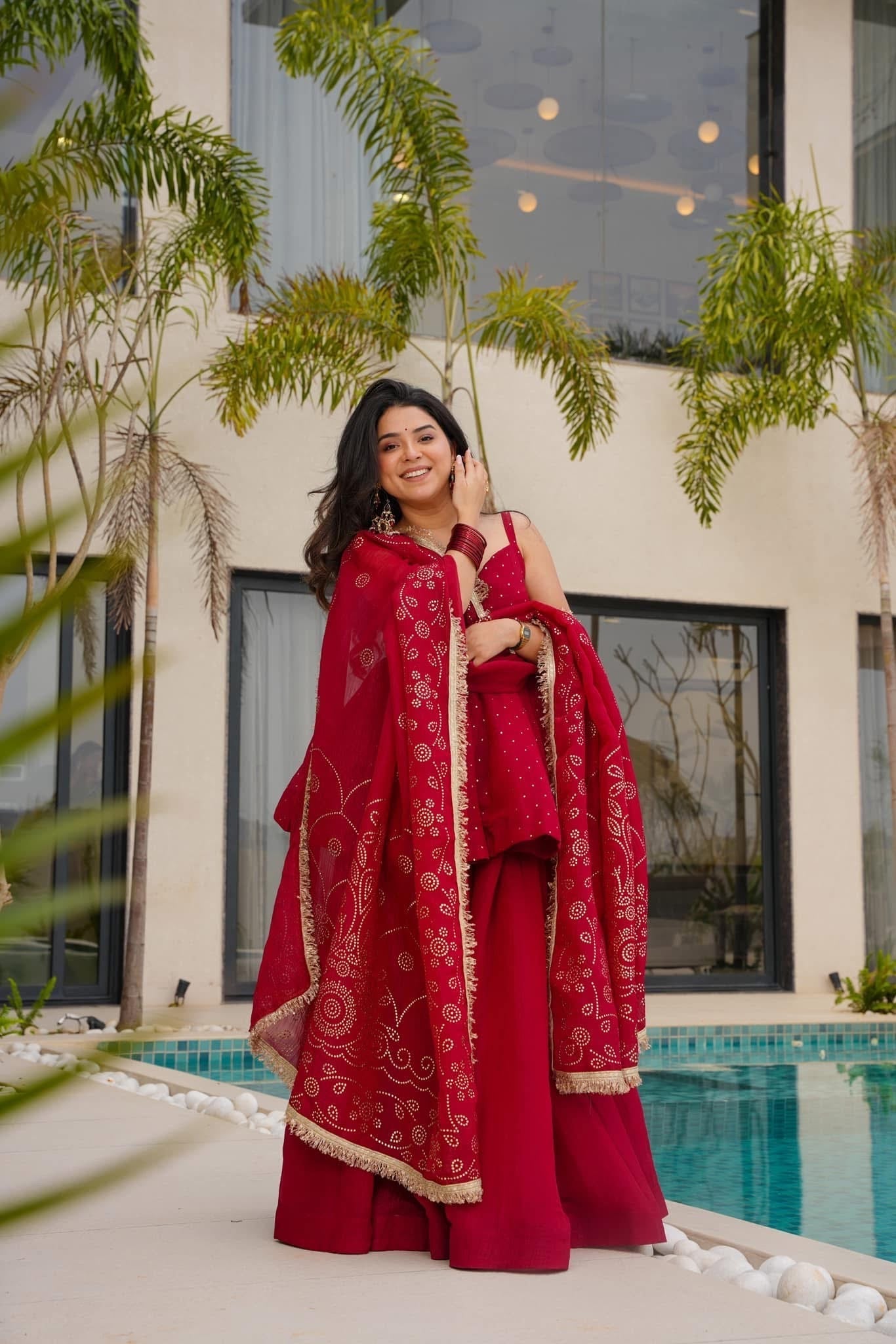 Amazing Organza Mukesh Work Red Color Palazzo Suit
