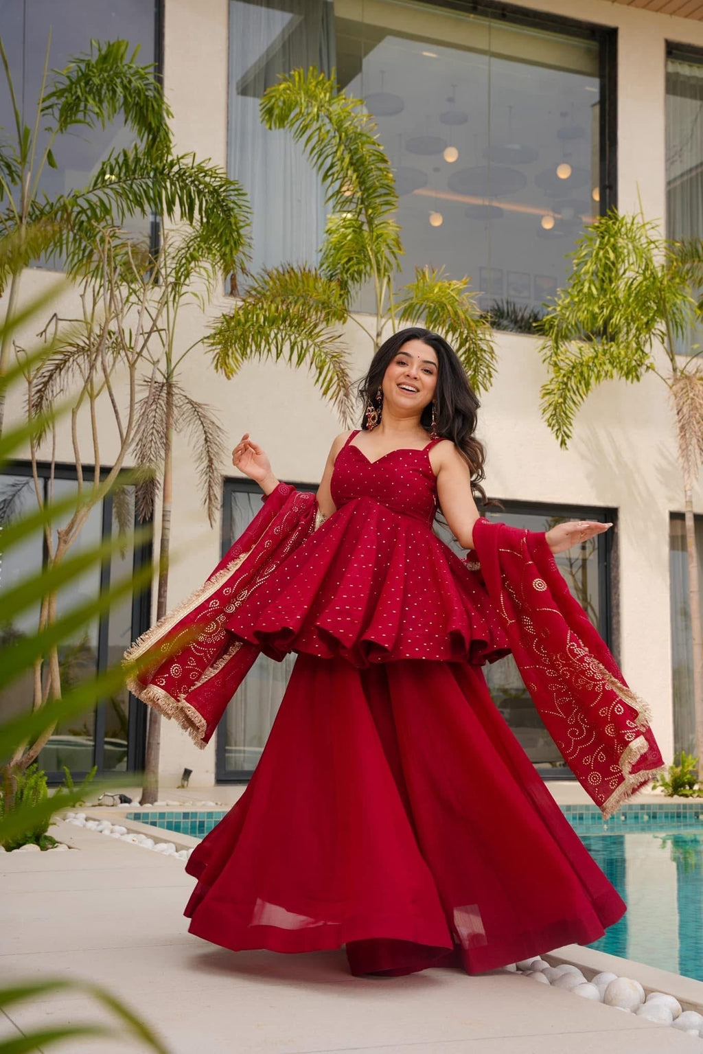 Amazing Organza Mukesh Work Red Color Palazzo Suit