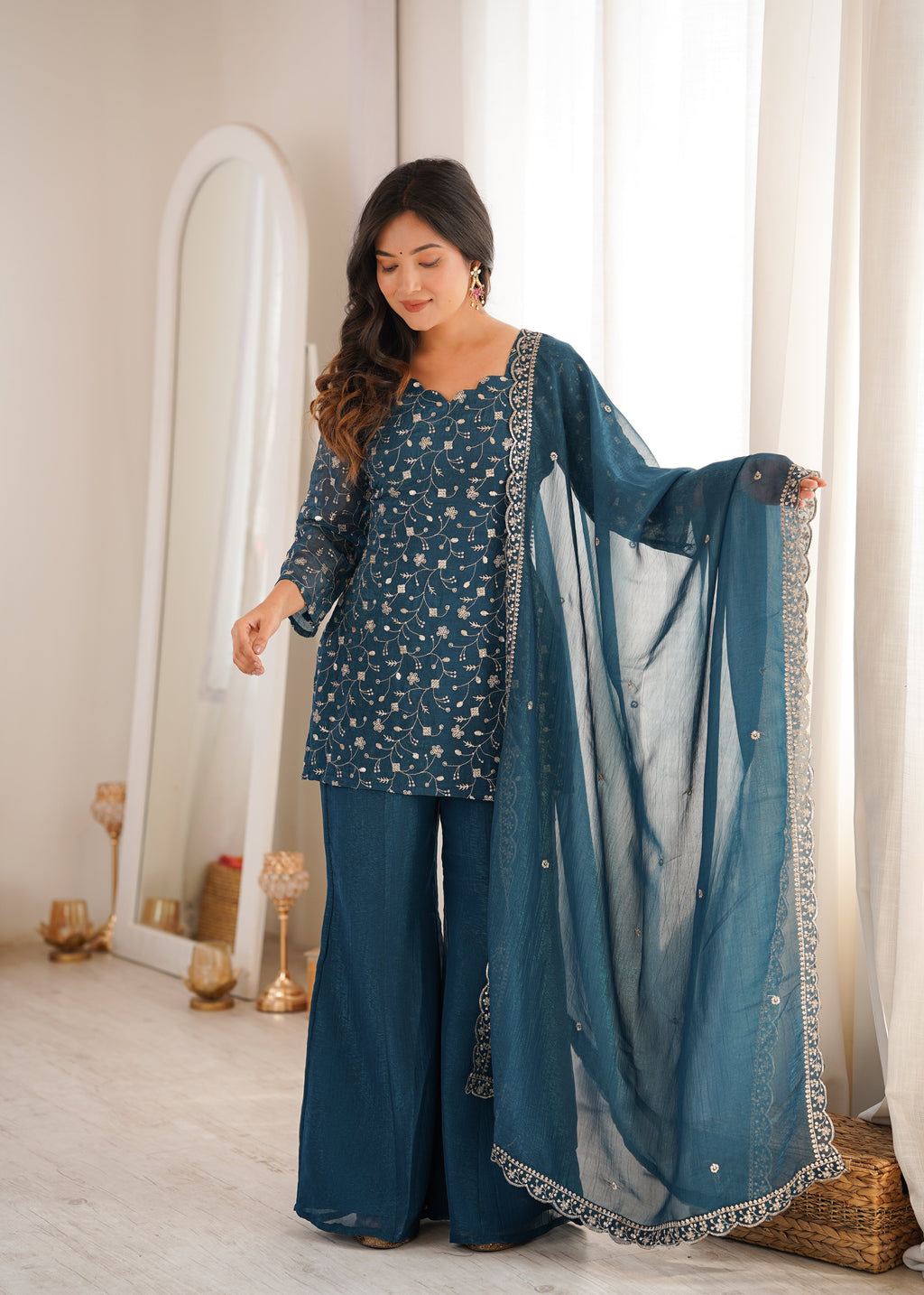 Teal Blue Color Crunchy Silk Embroidered Plazzo Suit