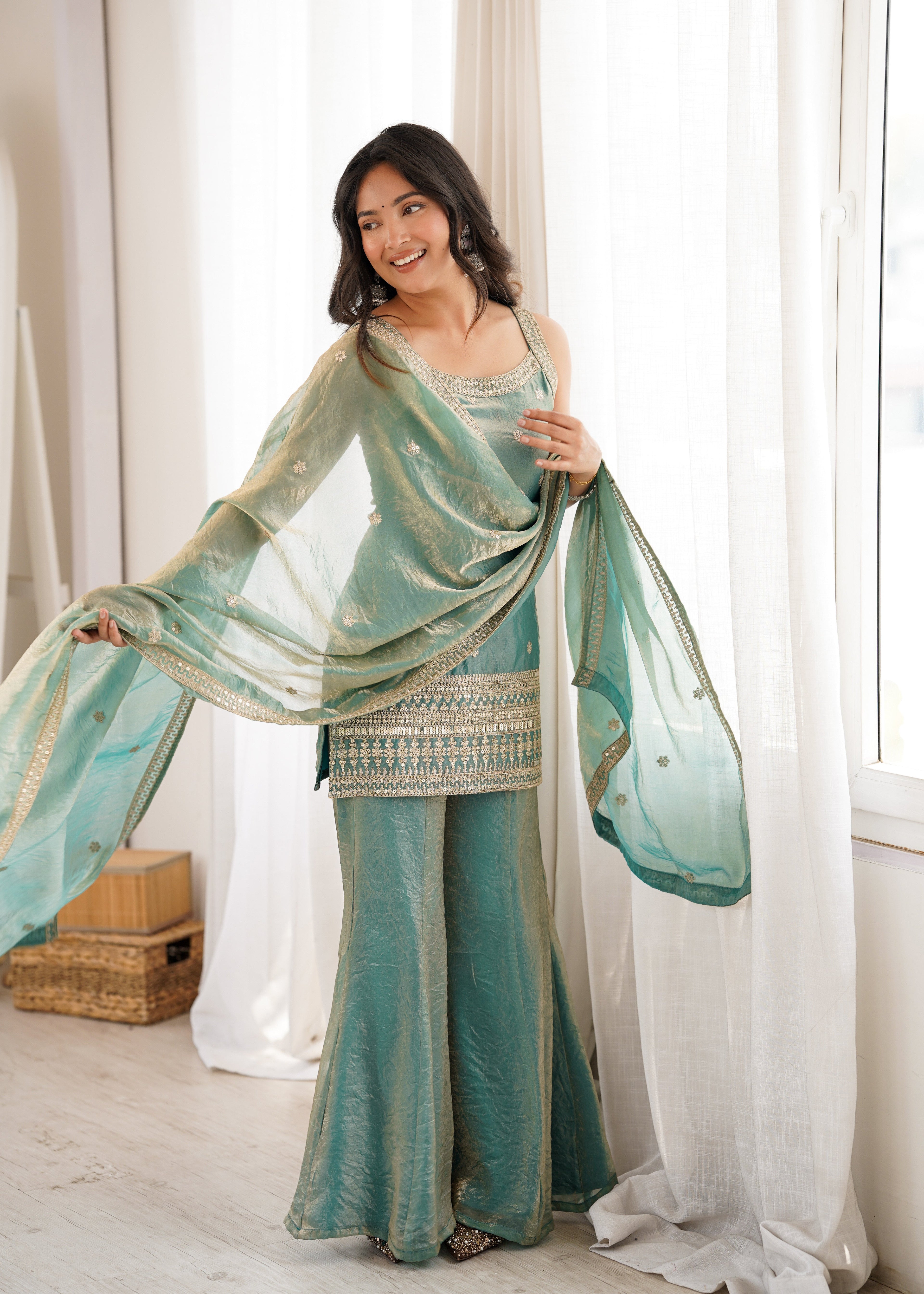 Sea Green Color Fendi Silk Embroidered Plazzo Suit