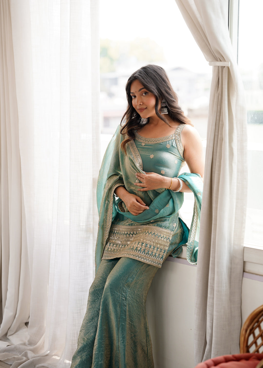 Sea Green Color Fendi Silk Embroidered Plazzo Suit