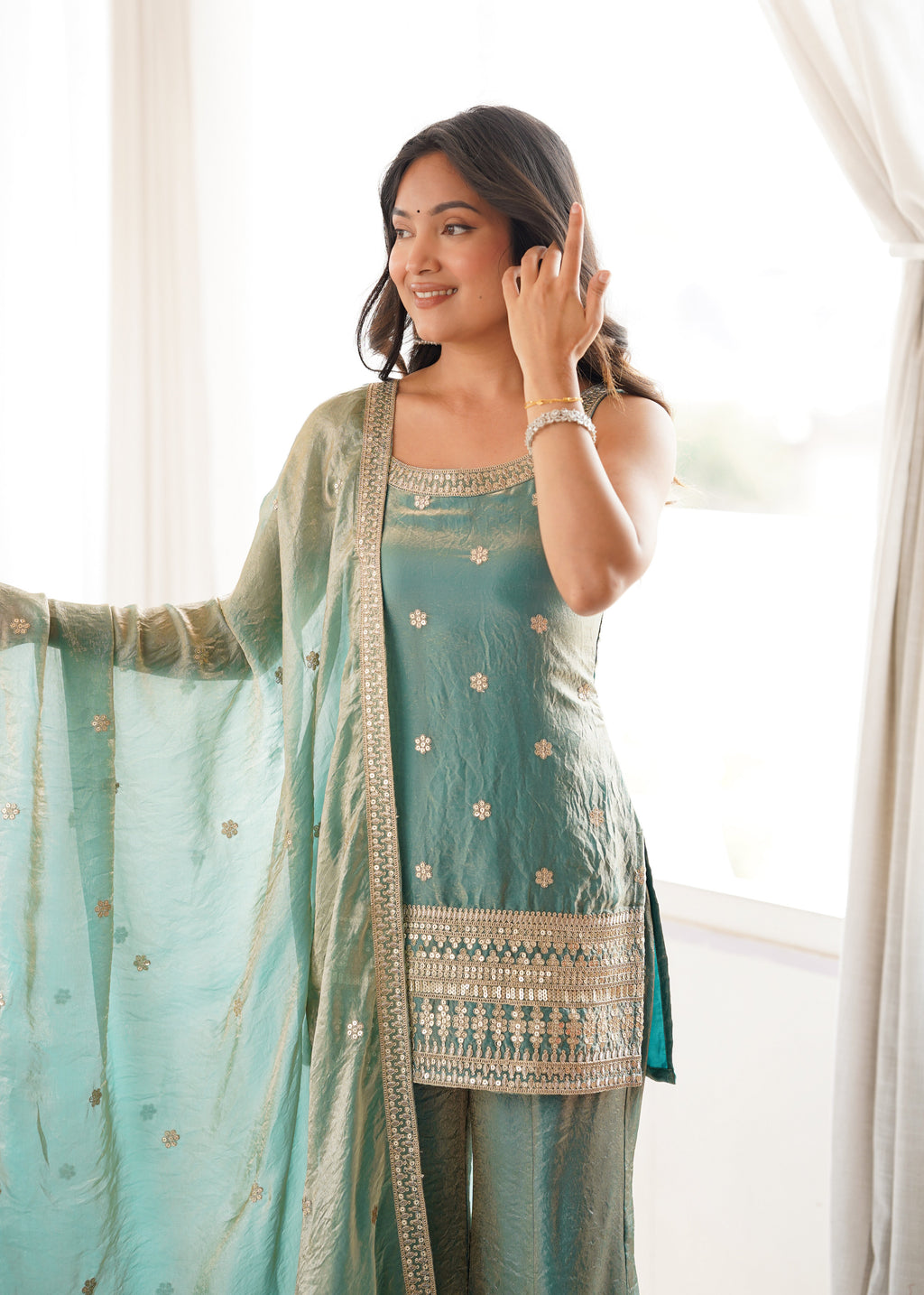 Sea Green Color Fendi Silk Embroidered Plazzo Suit