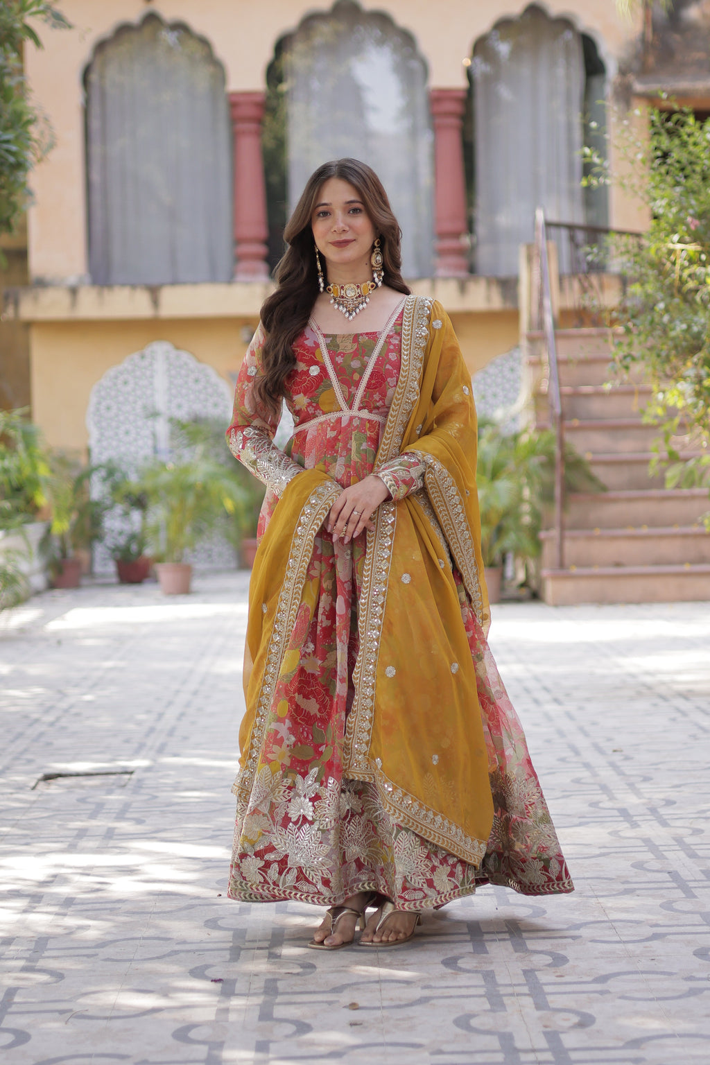 Pinkish Red Color Alia Cut Embroidered Gown With Dupatta