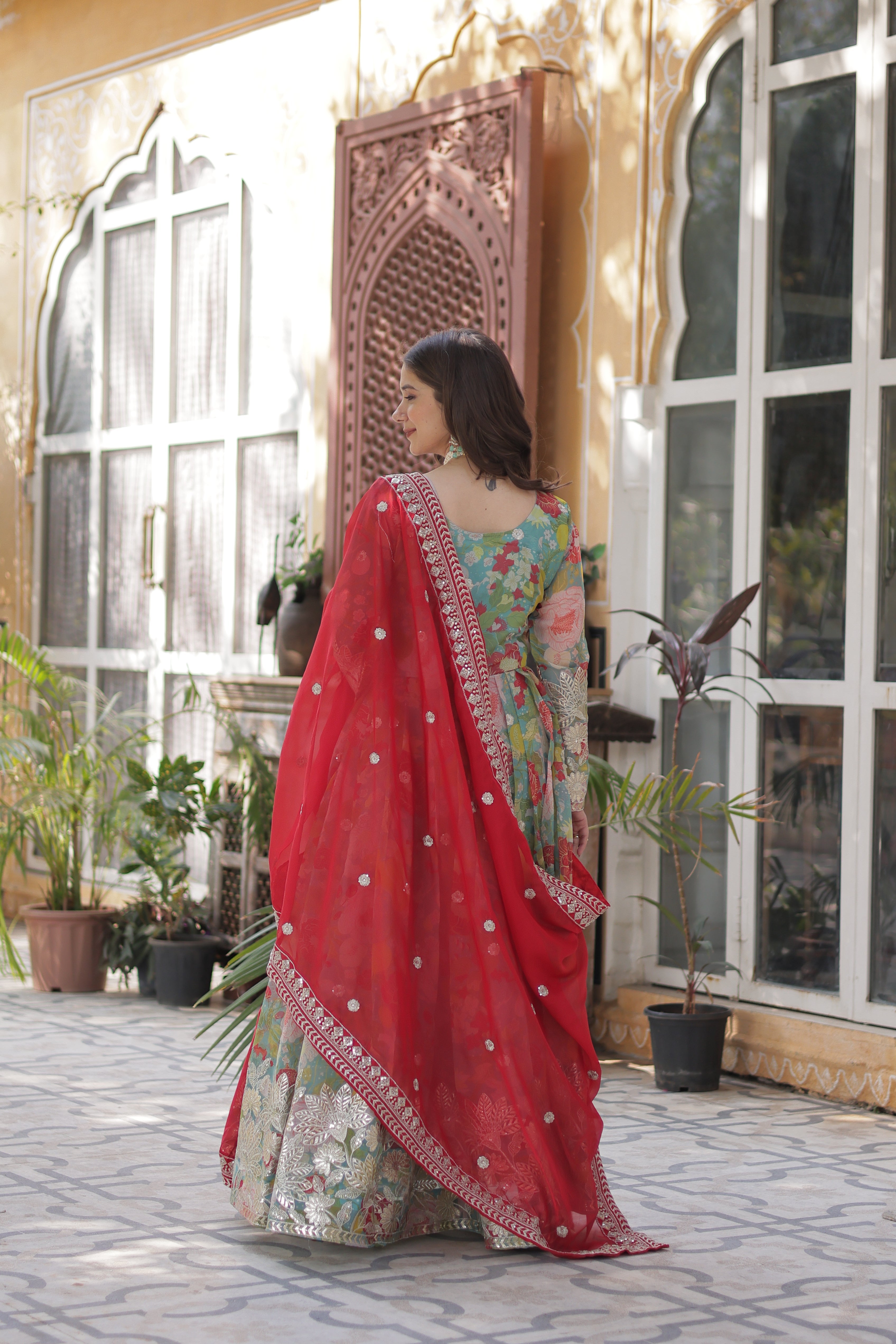 Lime Green Color Alia Cut Embroidered Gown With Dupatta