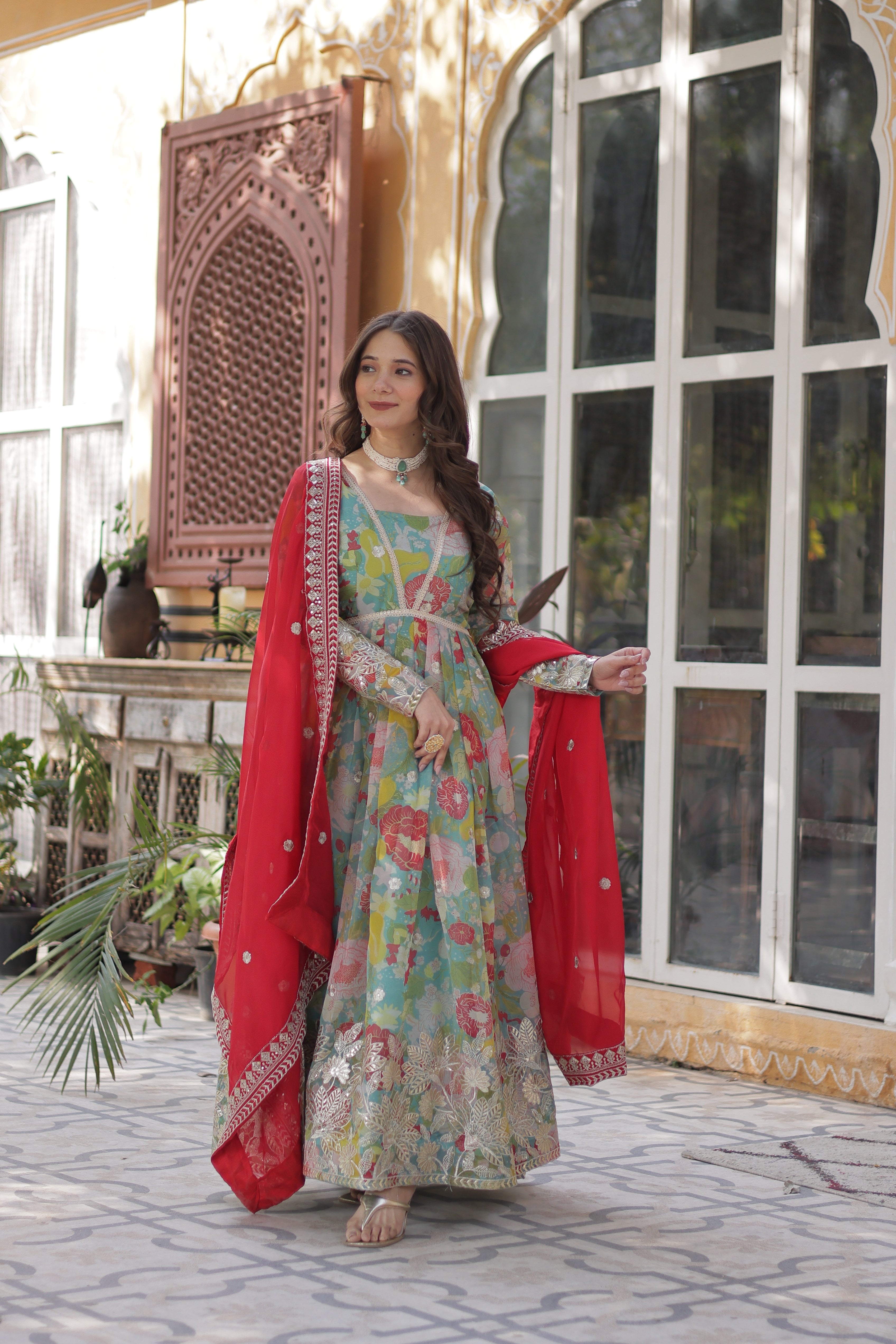 Lime Green Color Alia Cut Embroidered Gown With Dupatta