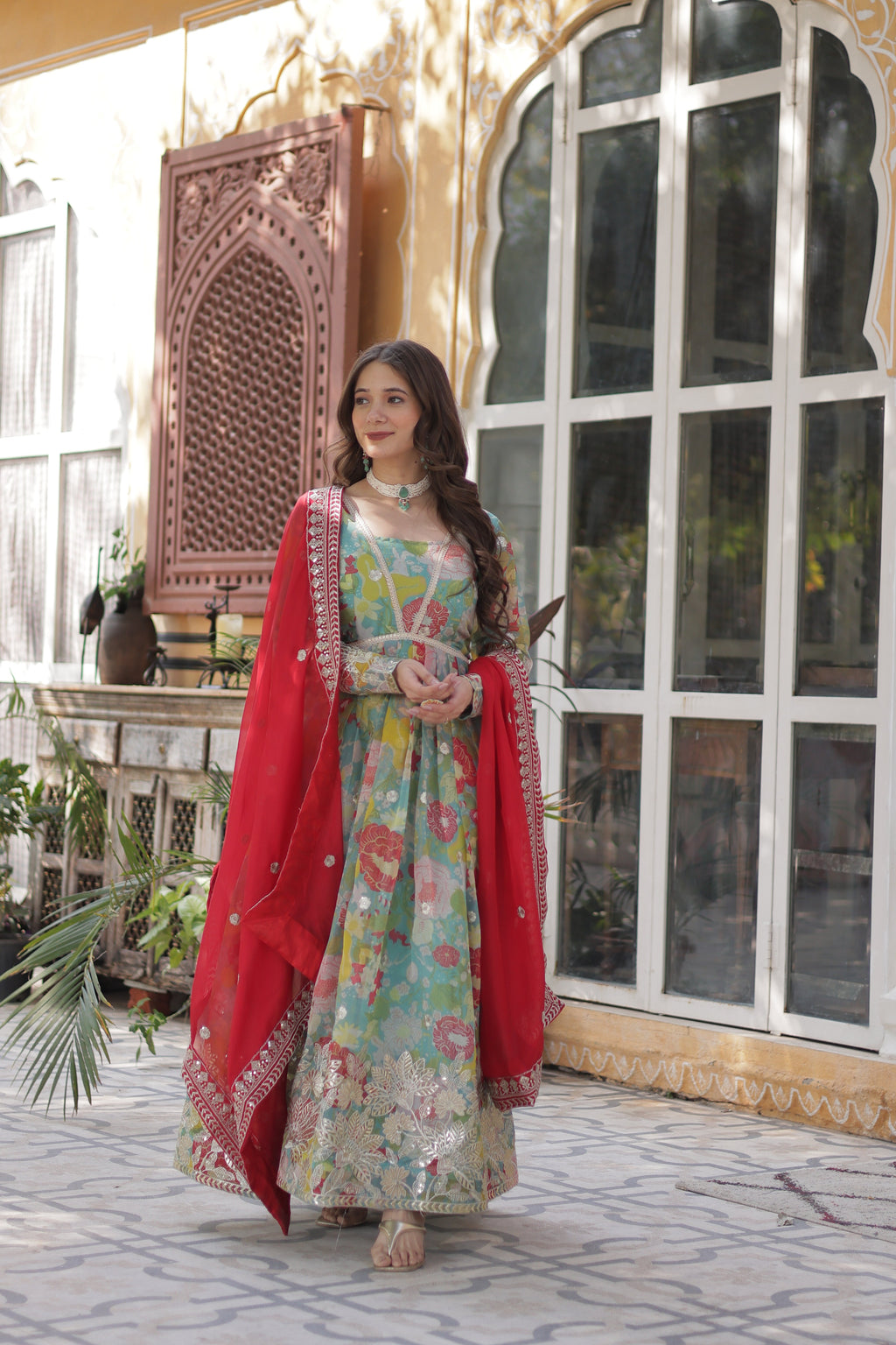 Lime Green Color Alia Cut Embroidered Gown With Dupatta