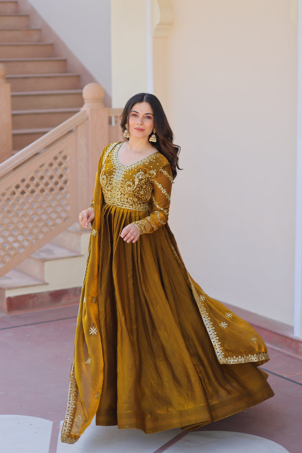 Mehndi Color Fendi Embroidered Gown