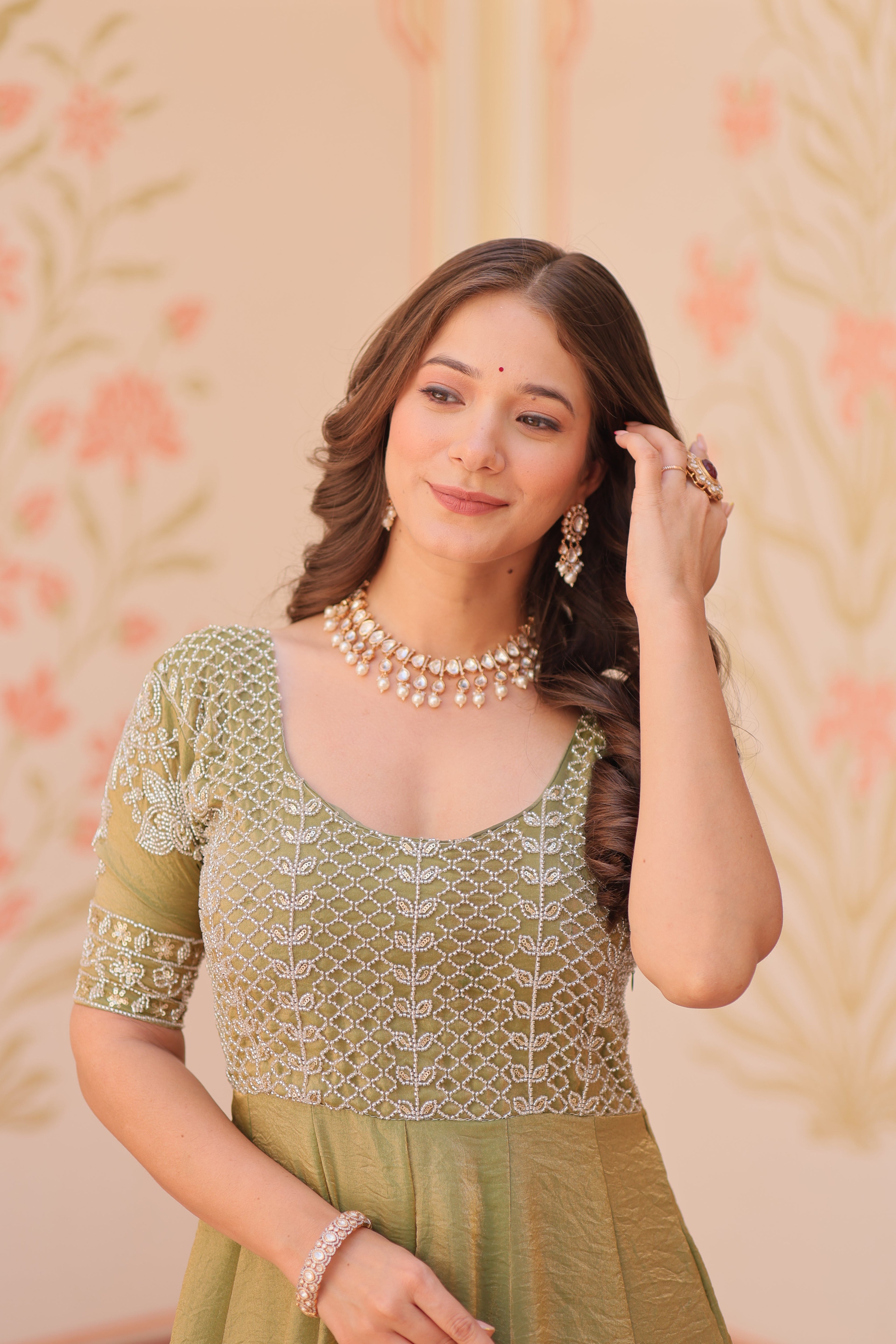 Mehndi Color Fendi Embroidered work Gown