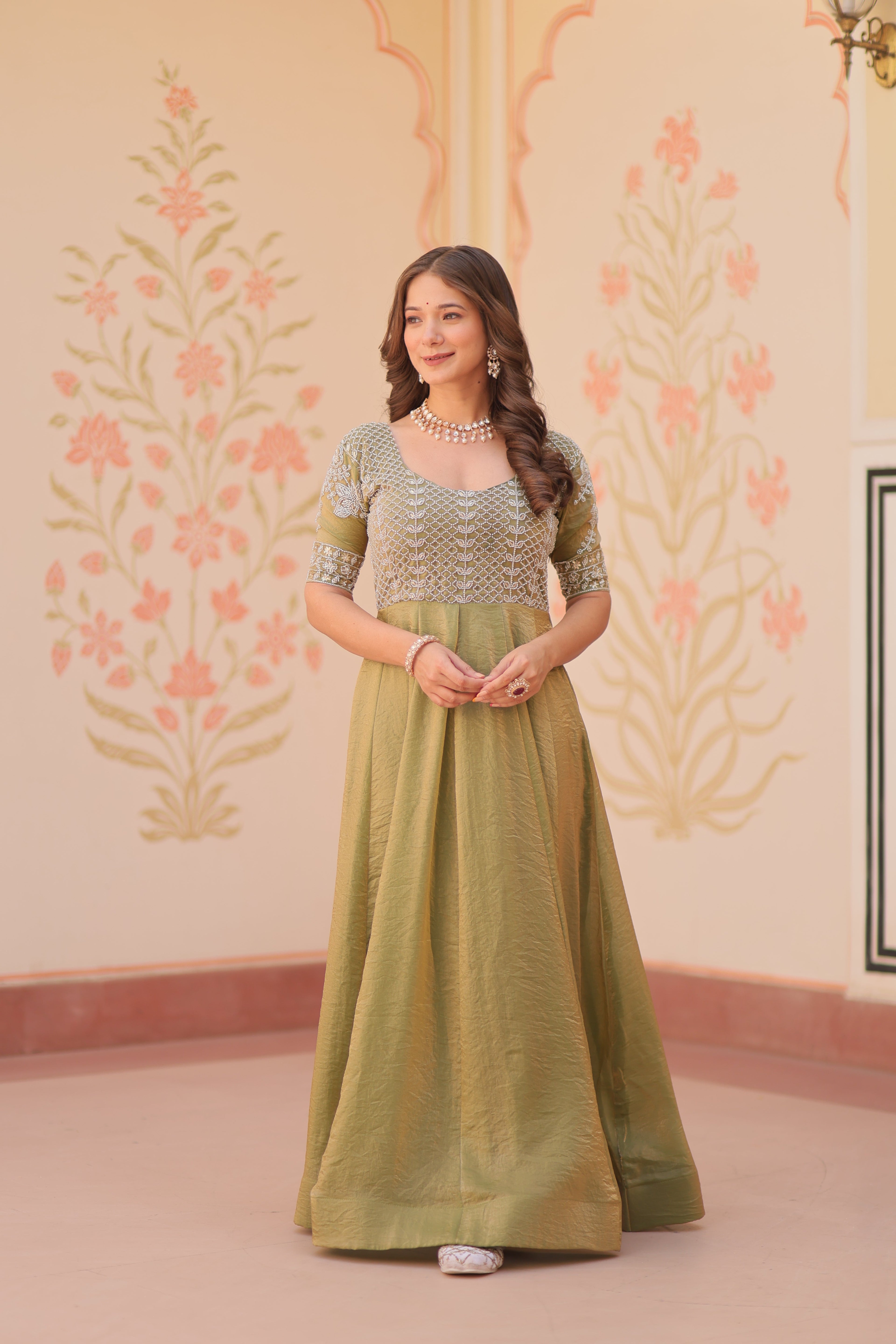 Mehndi Color Fendi Embroidered work Gown