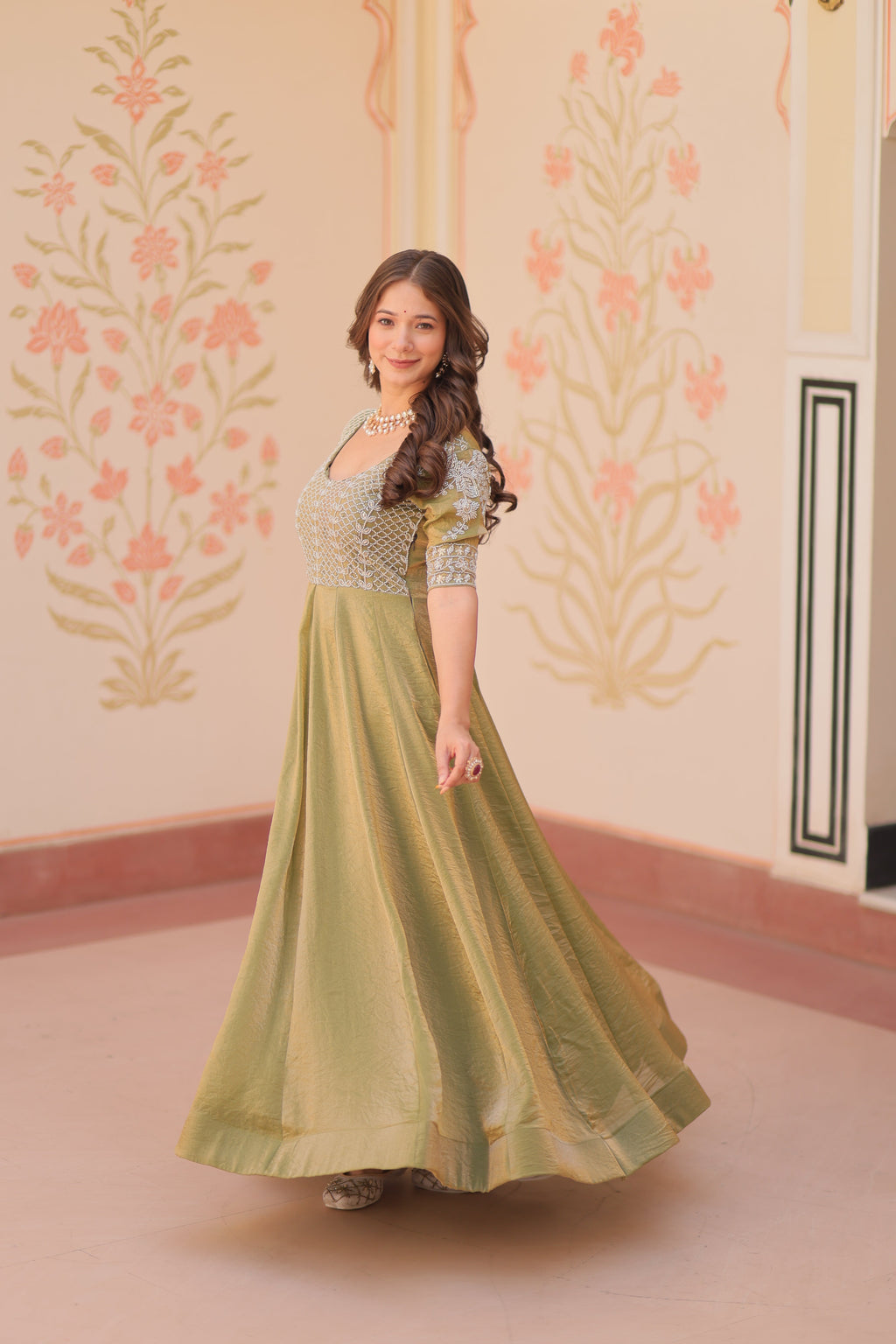 Mehndi Color Fendi Embroidered work Gown