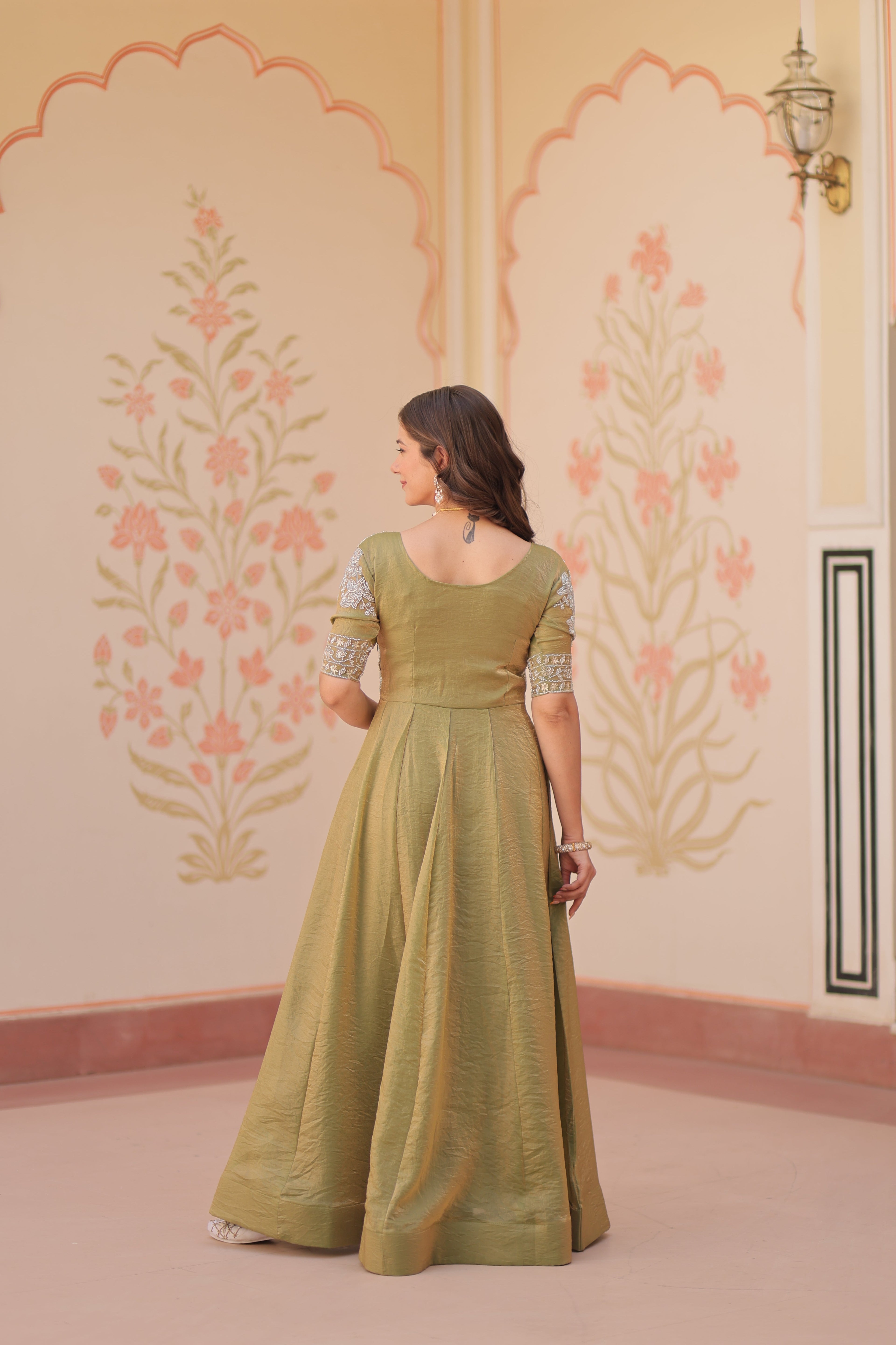 Mehndi Color Fendi Embroidered work Gown