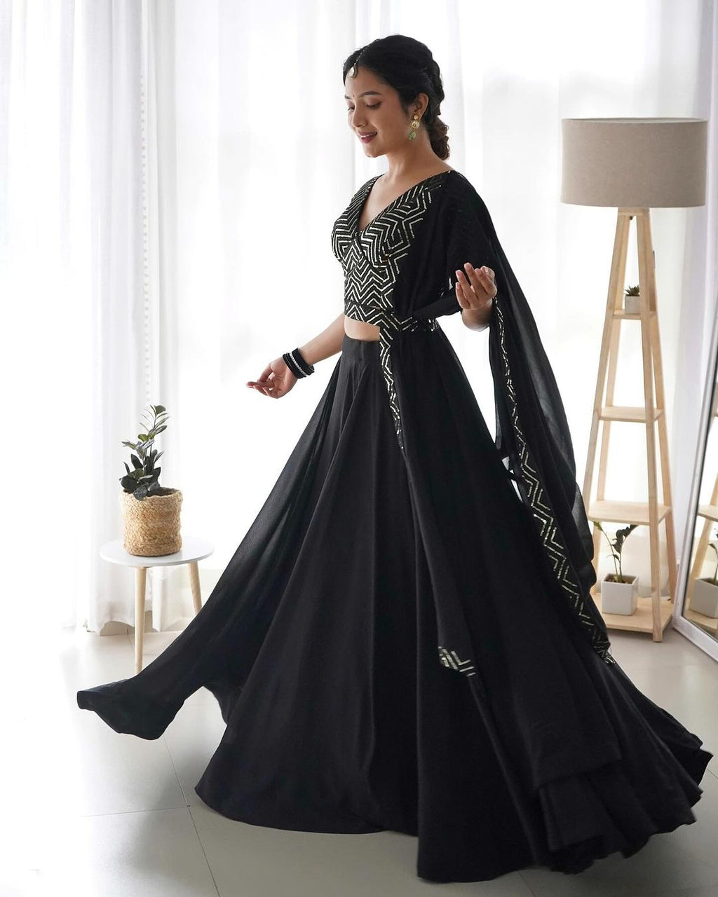 Black Full Flairy Pure Soft Georgette Full Stitched Lehenga Choli