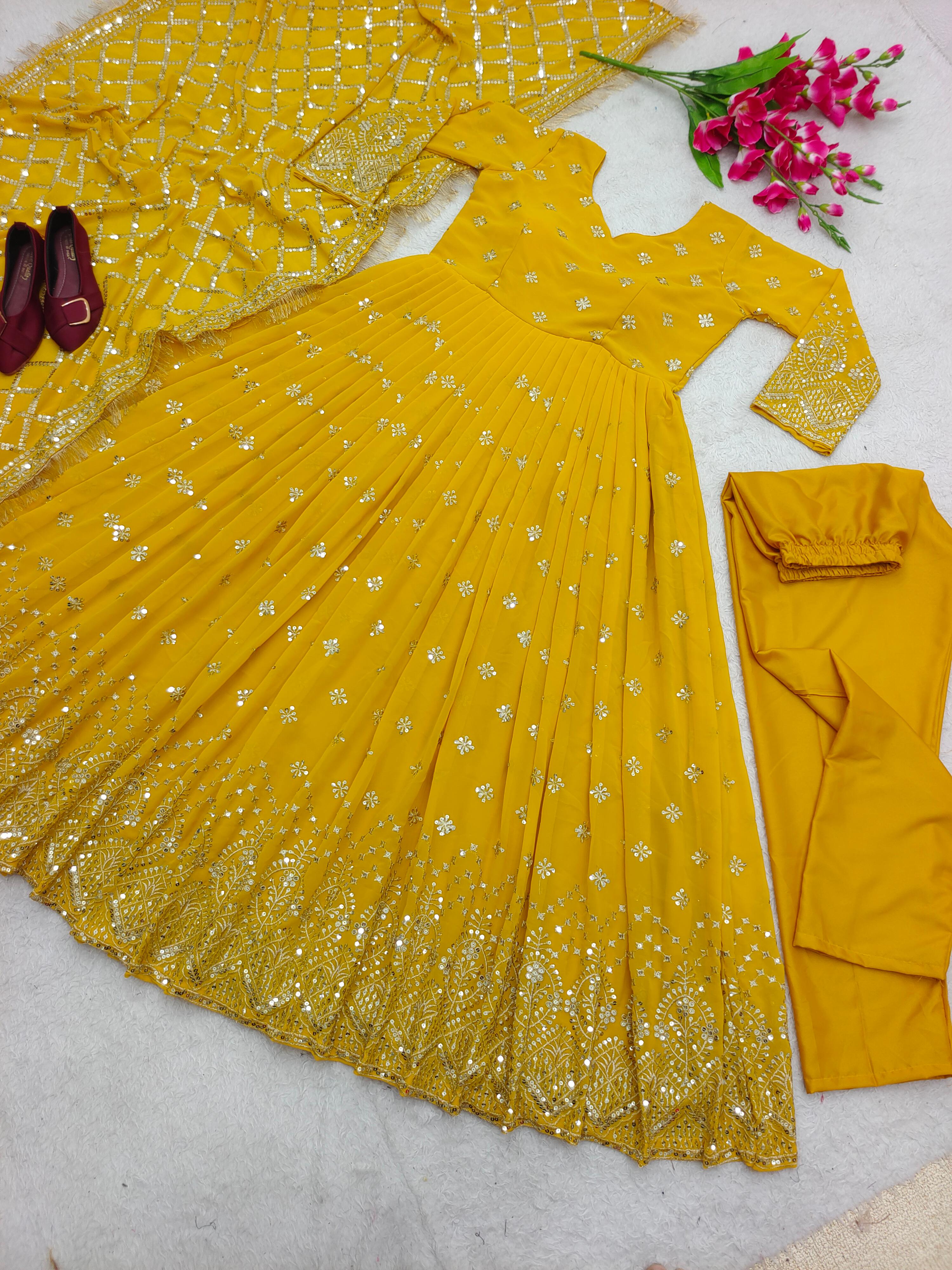 Gorgeous Yellow Color Sequence Work Anarkali Suit