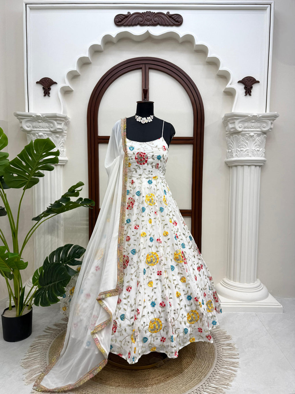 White Floral Embroidered Anarkali Gown with Dupatta | Wedding Ethnic Set